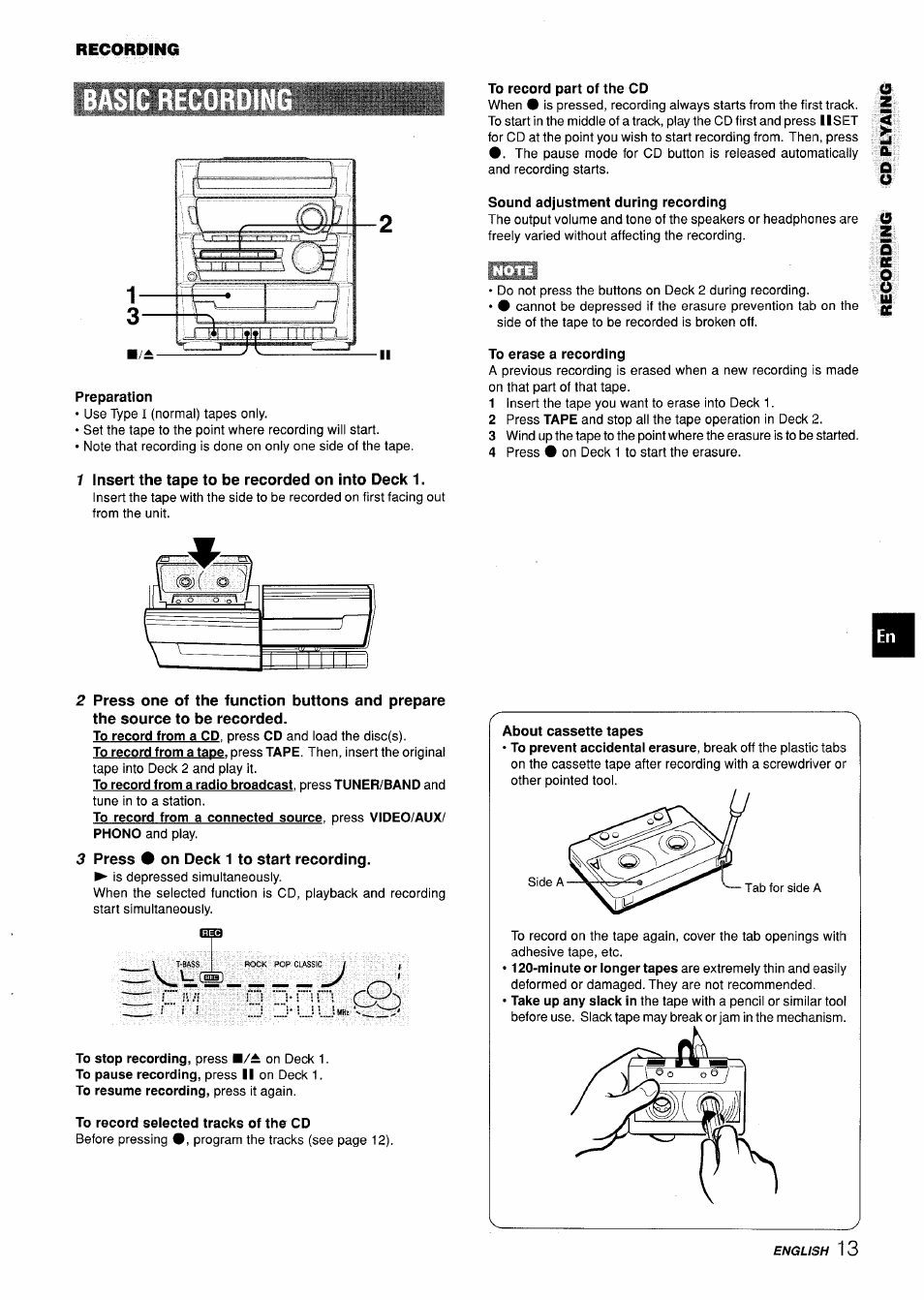 Preparation, 1 insert the tape to be recorded on into deck 1, To record part of the cd | Sound adjustment during recording, To erase a recording, Press • on deck 1 to start recording, Nraa, To record seiected tracks of the cd, About cassette tapes | Aiwa CX-ZL10 User Manual | Page 13 / 63