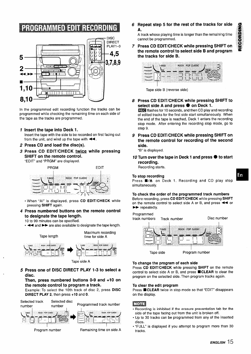 Programmed edit recording, To stop recording, To check the order of the programmed track numbers | Aiwa CX-ZL10 User Manual | Page 15 / 63