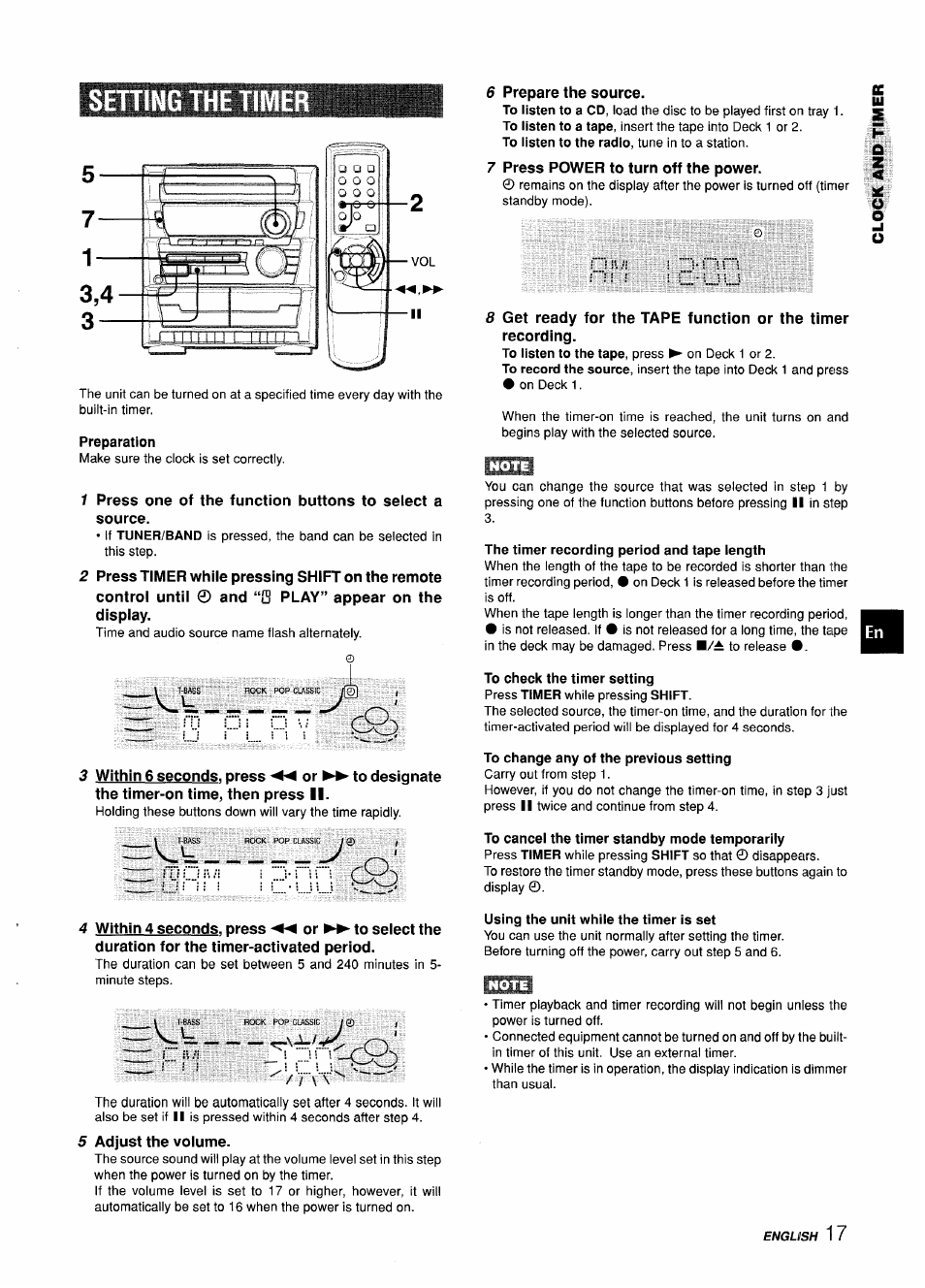 Sening the time, The timer recording period and tape length, To change any of the previous setting | Using the unit while the timer is set, Setting the timer, I1hm lp;nn | Aiwa CX-ZL10 User Manual | Page 17 / 63