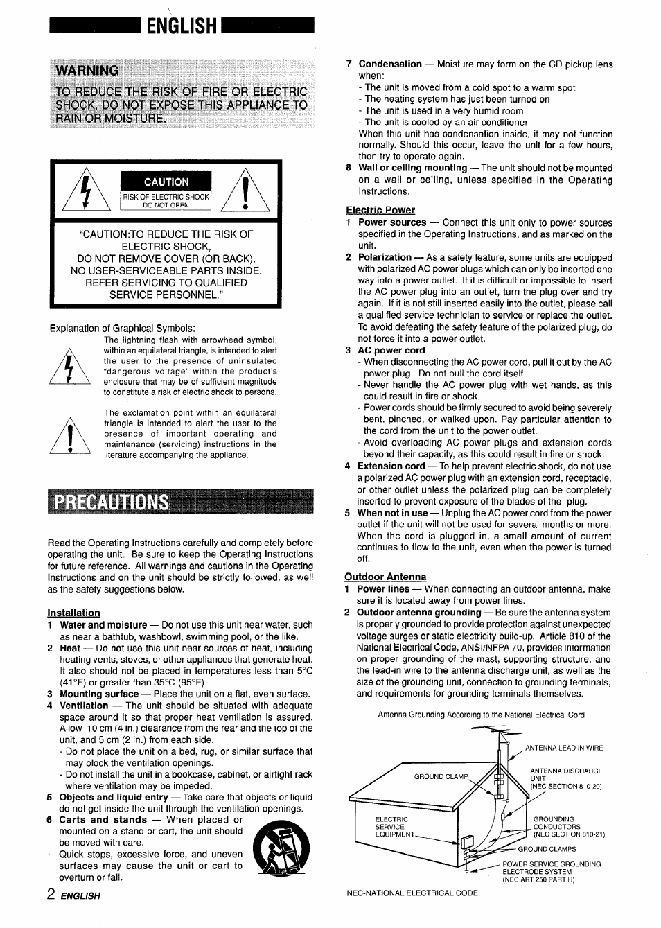 English, Warning, Caution | Precaution, Electric power | Aiwa CX-ZL10 User Manual | Page 2 / 63