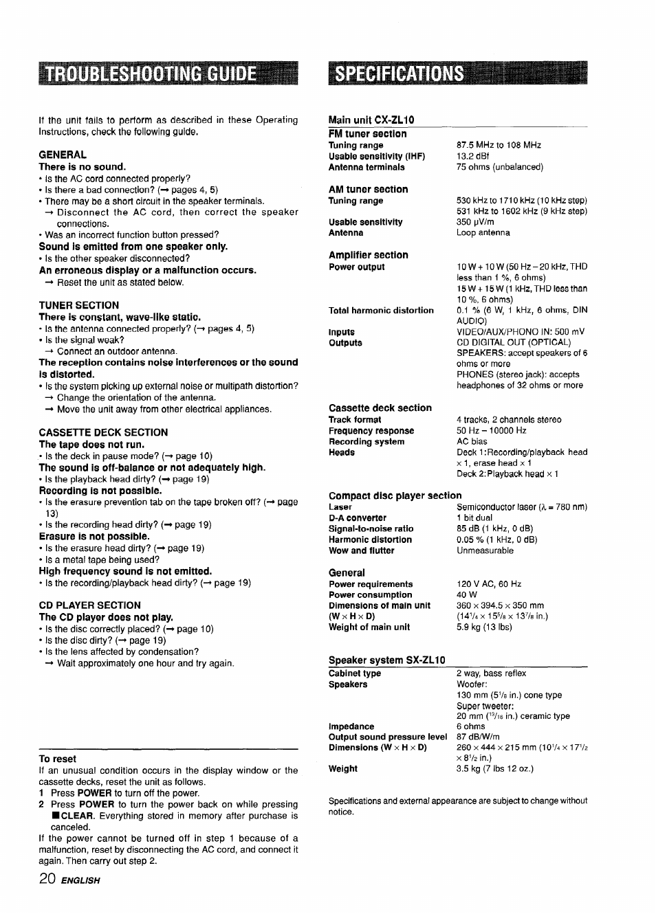 Troubleshooting guio, Specification, General there is no sound | Tuner section, Cassette deck section the tape does not run, Cd player section the cd player does not play, Troubleshooting guide specifications, Troubleshooting guio specification | Aiwa CX-ZL10 User Manual | Page 20 / 63