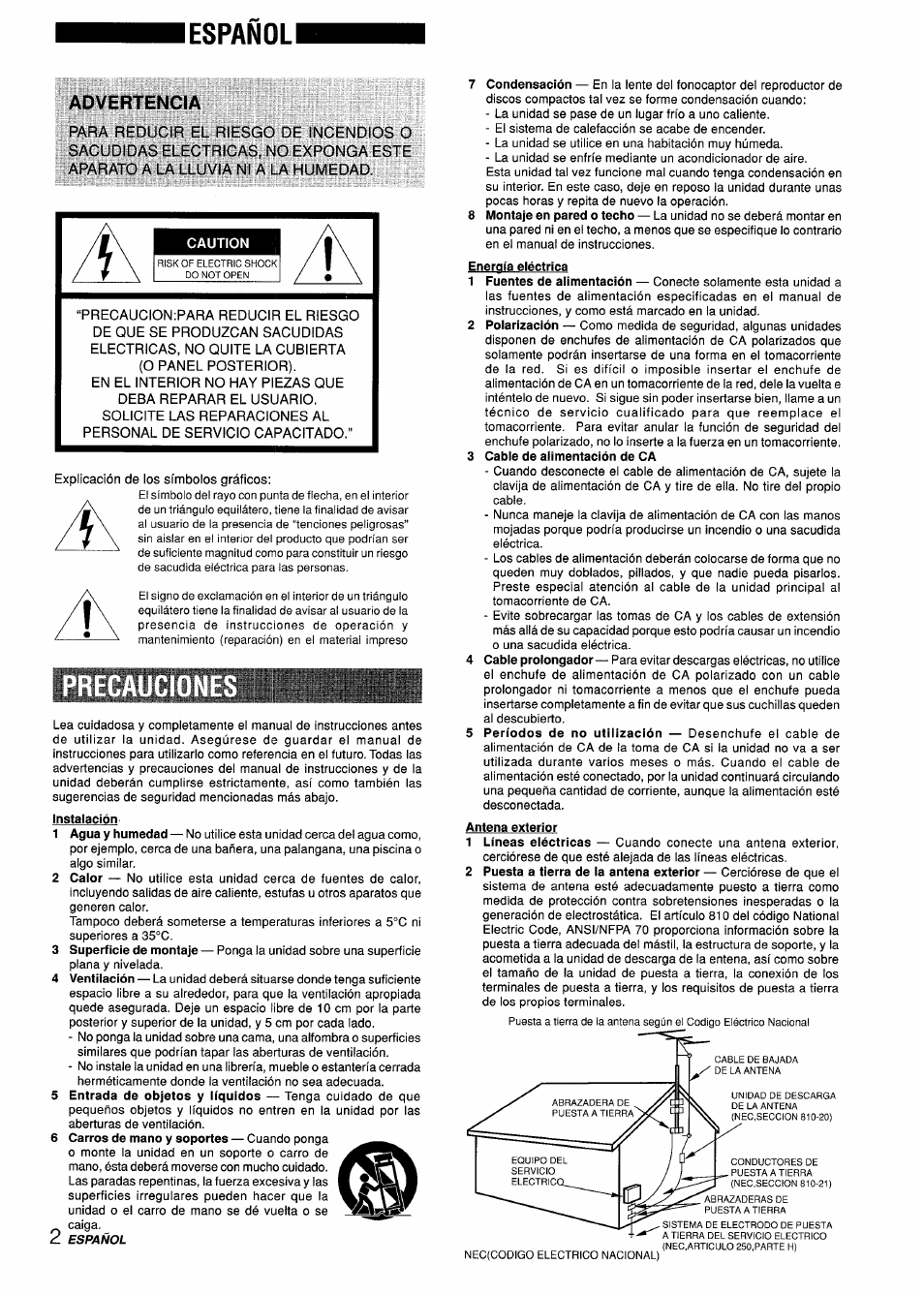 Lespañoli, Advertencia, Caution | Aiwa CX-ZL10 User Manual | Page 22 / 63