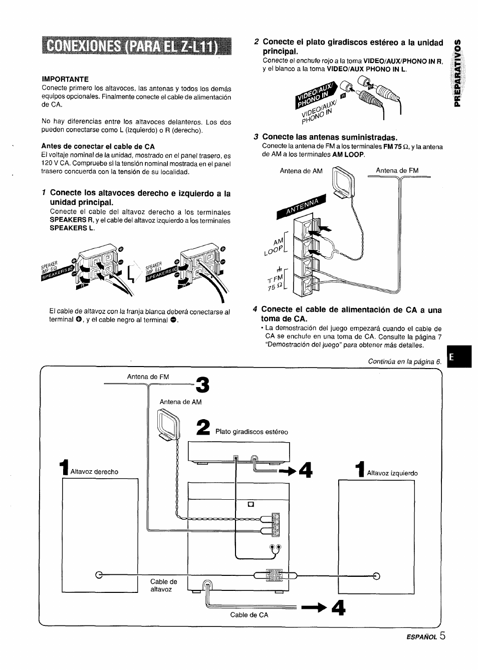 Principal, 3 conecte las antenas suministradas | Aiwa CX-ZL10 User Manual | Page 25 / 63