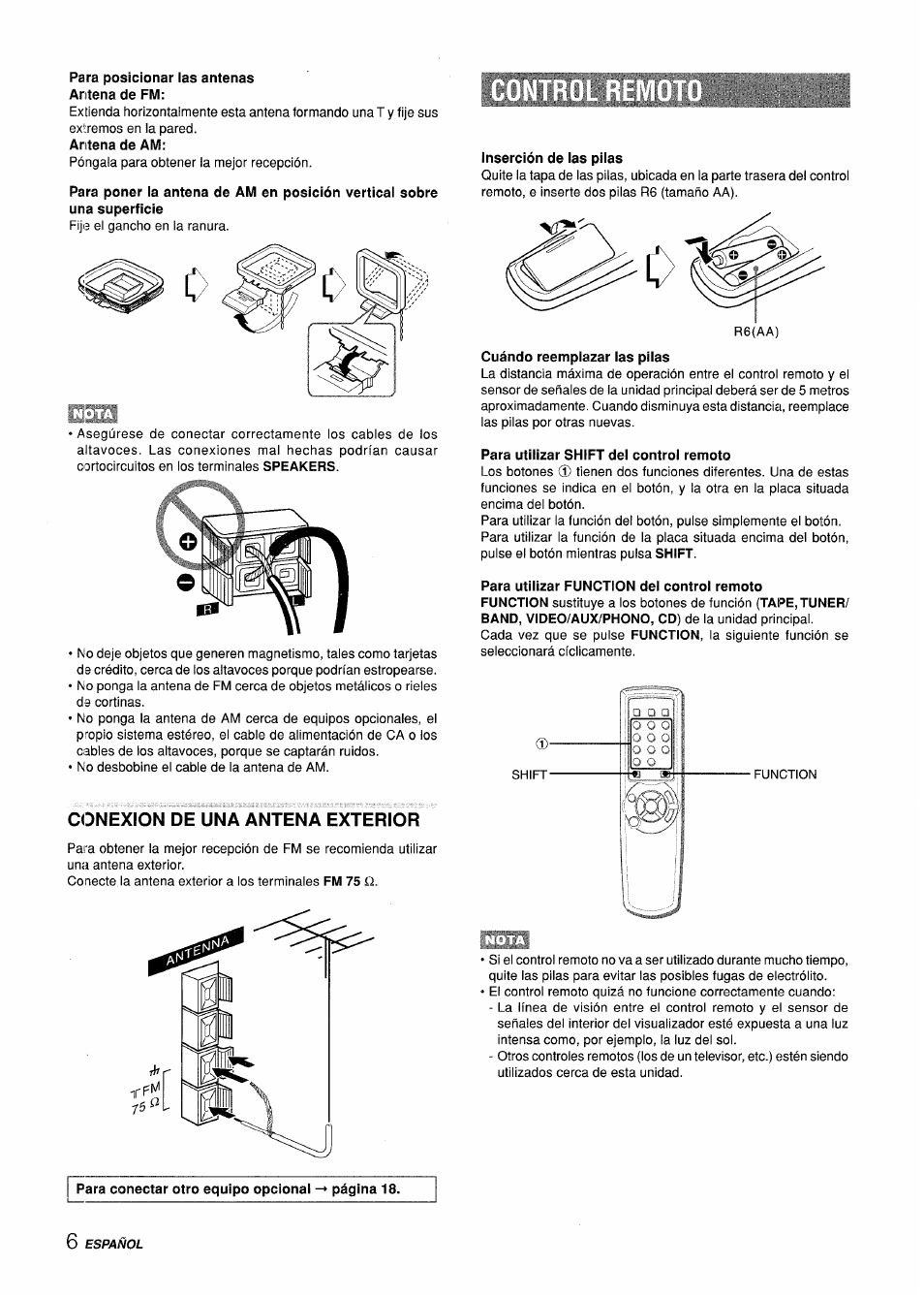 Para posicionar las antenas antena de fm, Antena de am, Inserción de las pilas | Cuándo reemplazar las pilas, Para utilizar shift del control remoto, Conexion de una antena exterior | Aiwa CX-ZL10 User Manual | Page 26 / 63