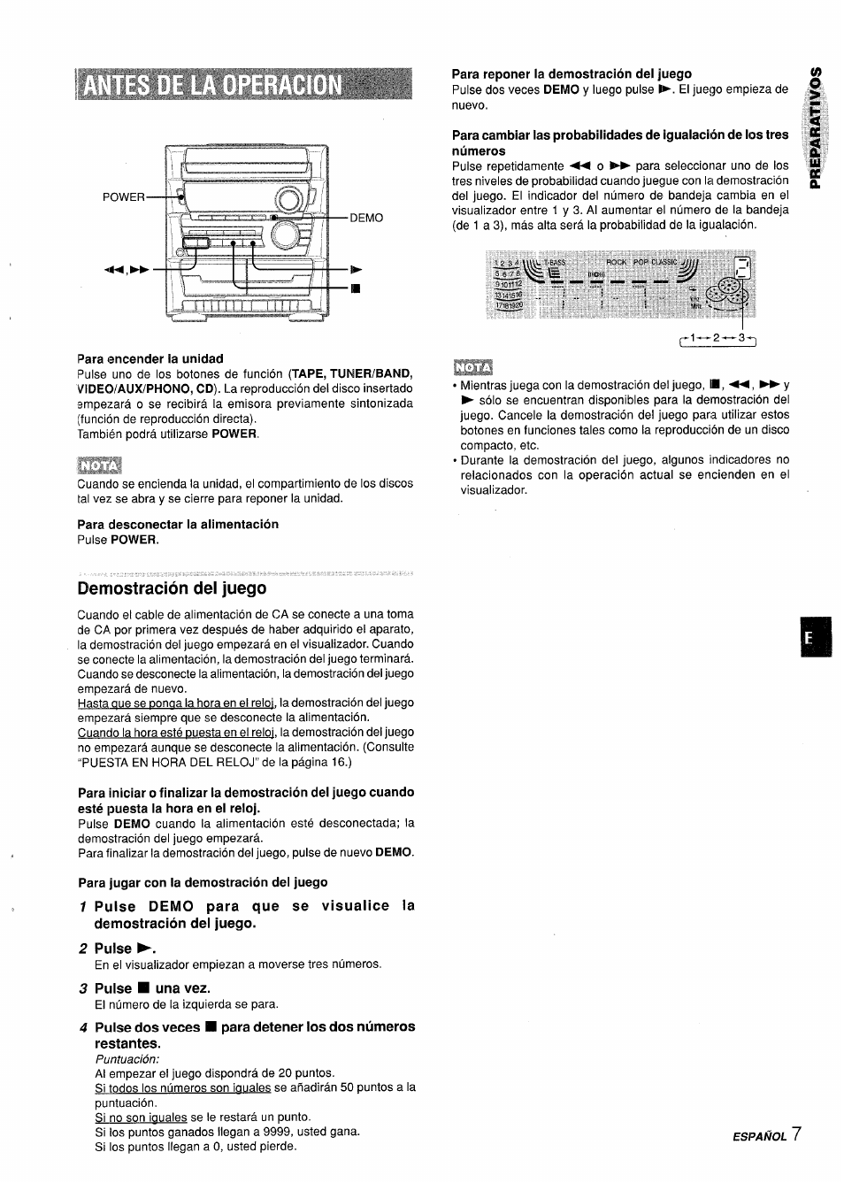 Para encender la unidad, Para desconectar la alimentación pulse power, Para reponer la demostración del juego | Pulse demo para que demostración del juego, 2 pulse, 3 pulse ■ una vez, Demostración del juego | Aiwa CX-ZL10 User Manual | Page 27 / 63