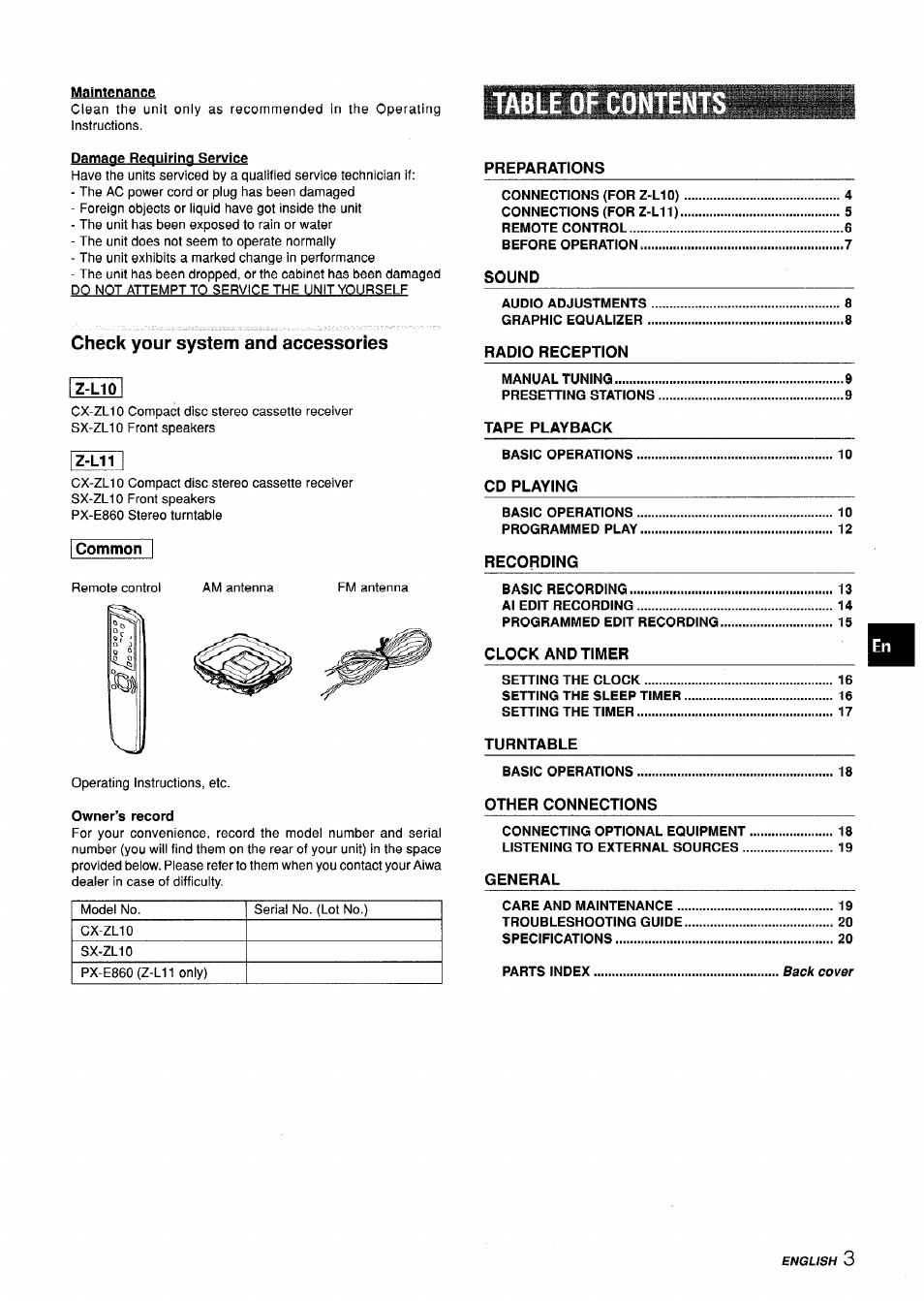 Maintenanfifi, Damage requiring service, Check your system and accessories | Z-l10, Z-l11, Common, Owner’s record | Aiwa CX-ZL10 User Manual | Page 3 / 63