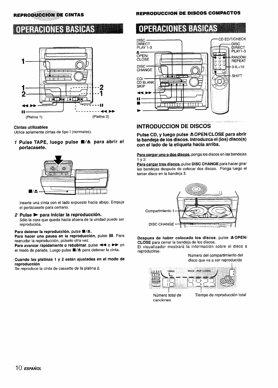 Asica, Cintas utilizables, 2 pulse para iniciar ia reproducción | Para detener la reproducción, pulse b/a, Introduccion de discos | Aiwa CX-ZL10 User Manual | Page 30 / 63