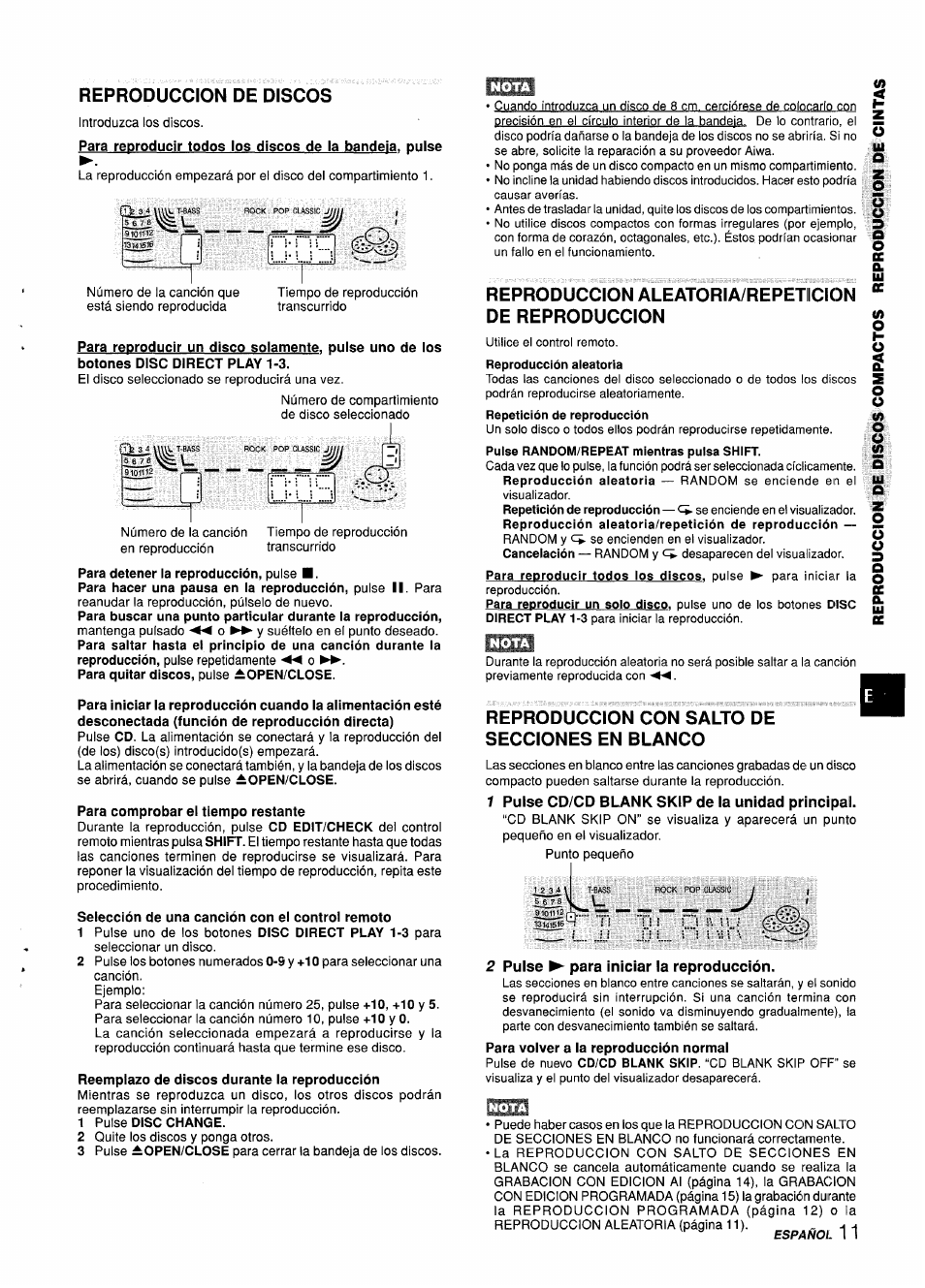 Reproduccion de discos, Para comprobar el tiempo restante, Selección de una canción con el control remoto | Reemplazo de discos durante la reproducción, Reproduccion aleatoria/repetiicion de reproduccion, Reproduccion con salto de, Secciones en blanco, 7 pulse cd/cd blank skip de la unidad principal, 2 pulse ^ para iniciar la reproducción, Areproduccion con salto de ' secciones en blanco | Aiwa CX-ZL10 User Manual | Page 31 / 63