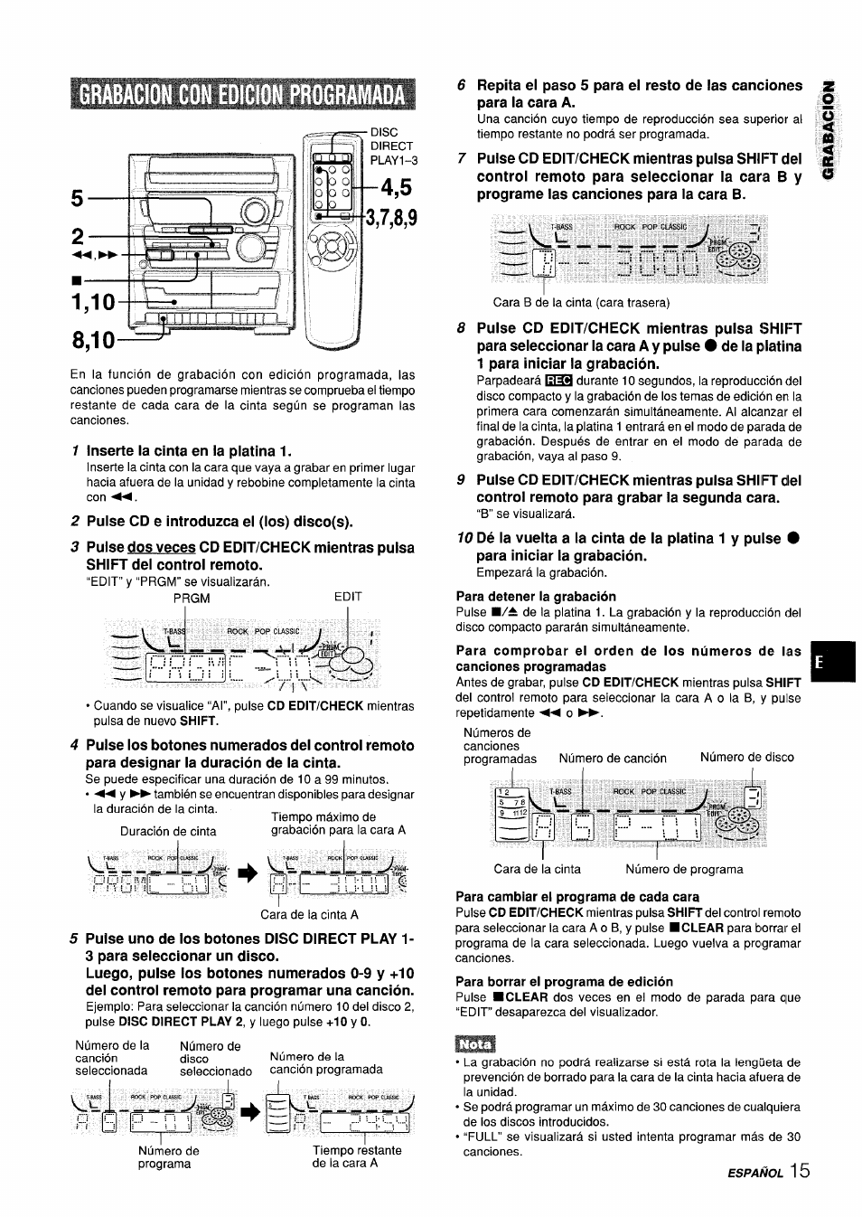 Para detener la grabación, Para cambiar el programa de cada cara, Para borrar el programa de edición | M^mm | Aiwa CX-ZL10 User Manual | Page 35 / 63