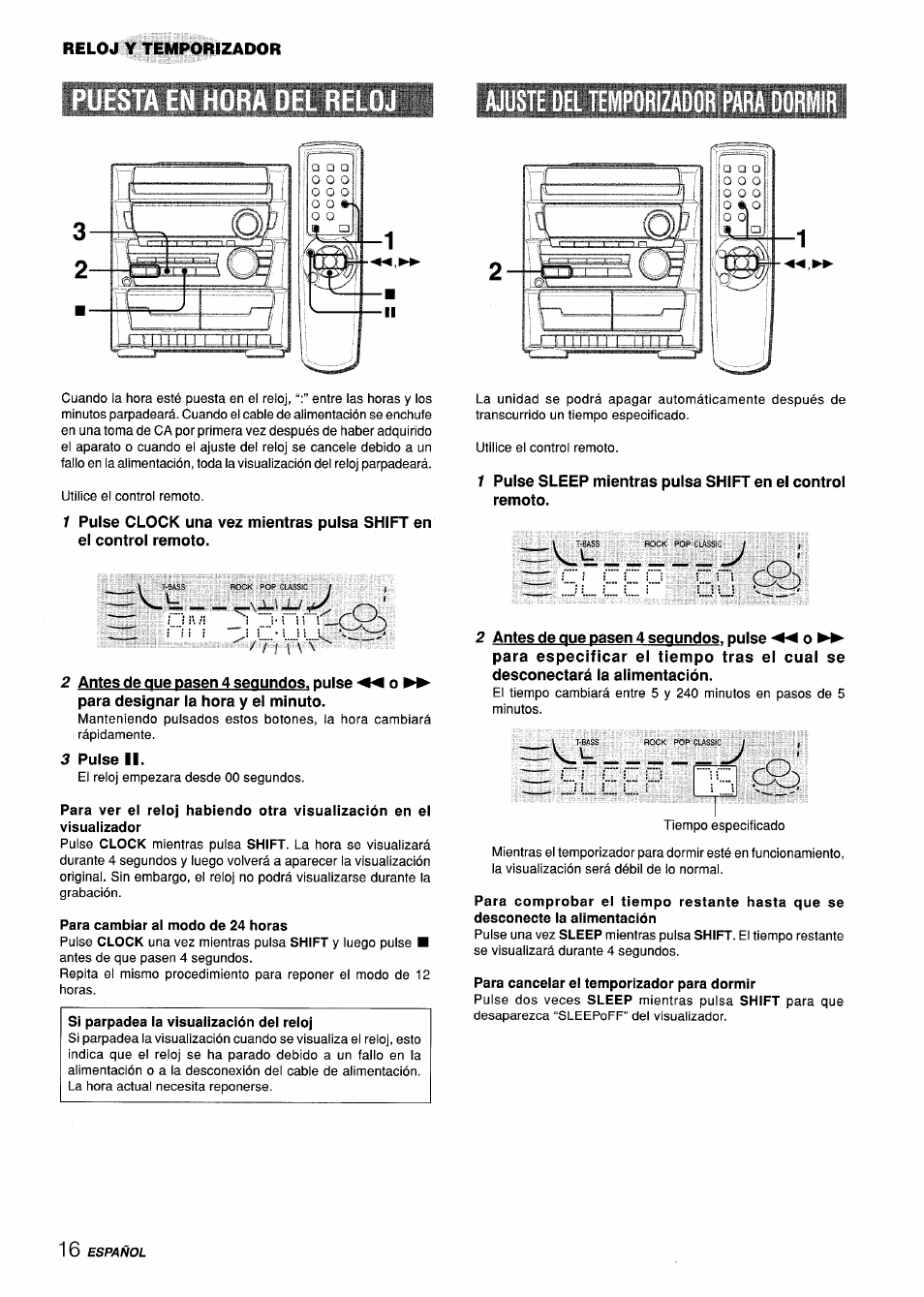 Para cambiar al modo de 24 horas, Para cancelar el temporizador para dormir | Aiwa CX-ZL10 User Manual | Page 36 / 63