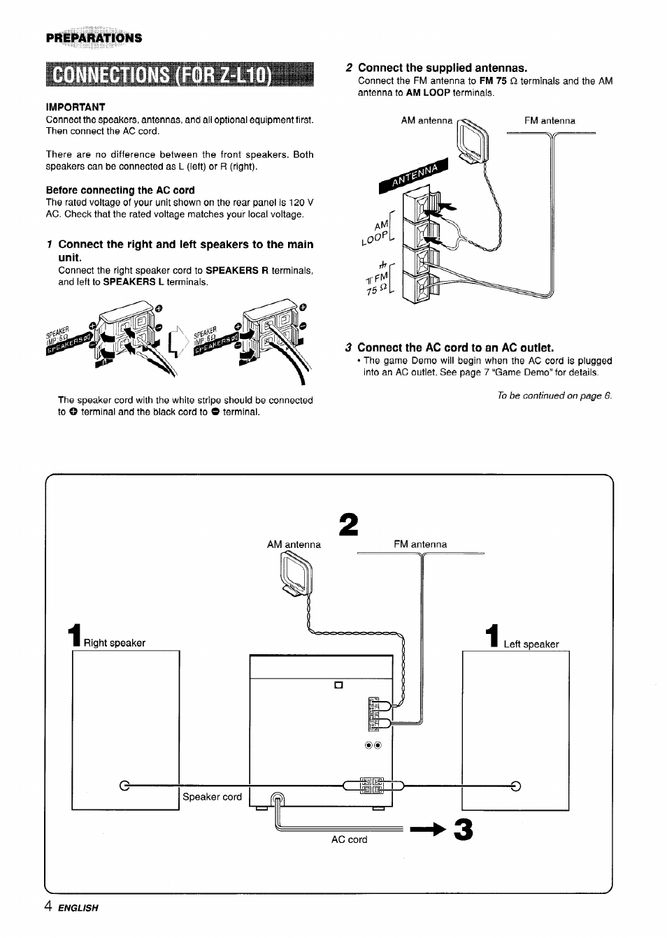 2 connect the supplied antennas, 3 connect the ac cord to an ac outlet | Aiwa CX-ZL10 User Manual | Page 4 / 63