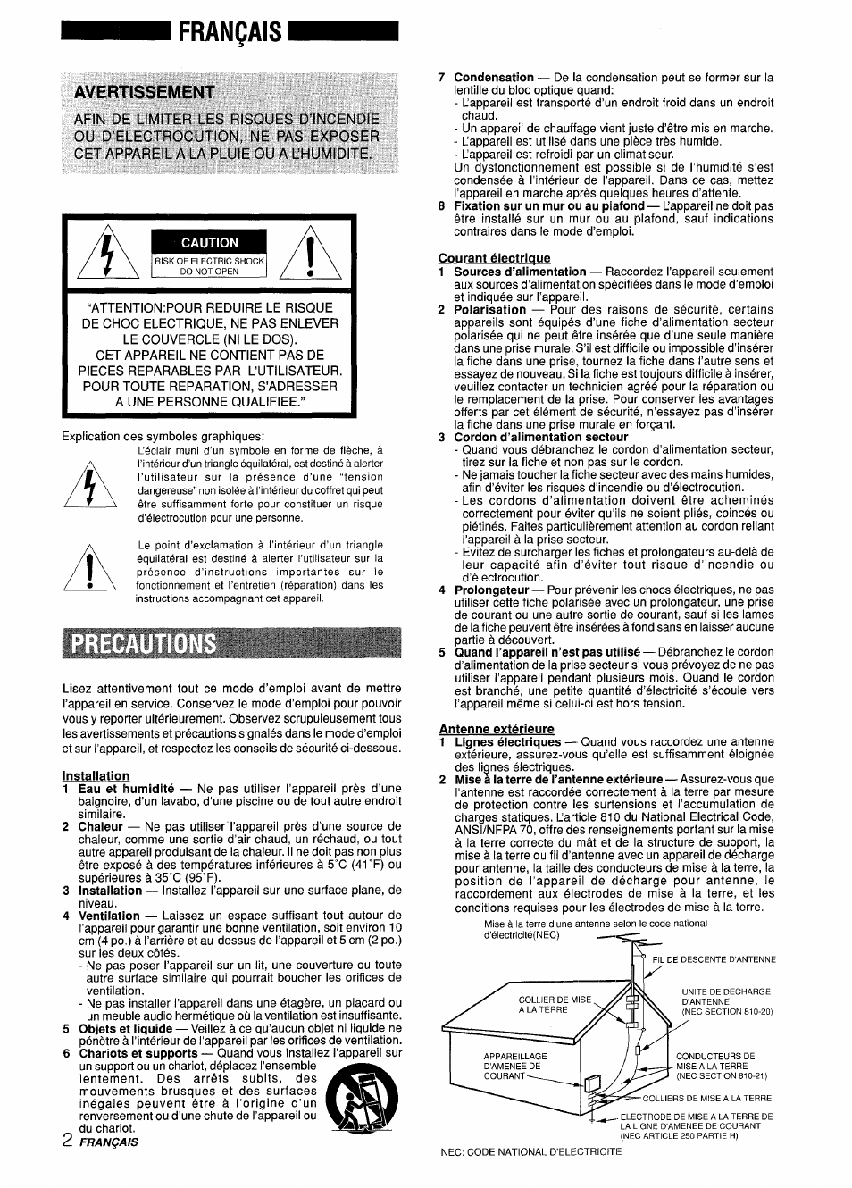 Français, Avertissement, Installation | Courant éiectrique, 3 cordon d’alimentation secteur, Antenne extérieure | Aiwa CX-ZL10 User Manual | Page 42 / 63