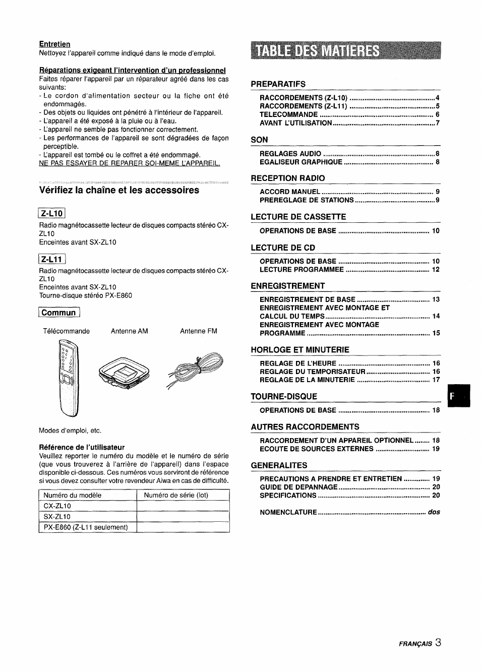 Vérifiez ia chaîne et les accessoires | Aiwa CX-ZL10 User Manual | Page 43 / 63