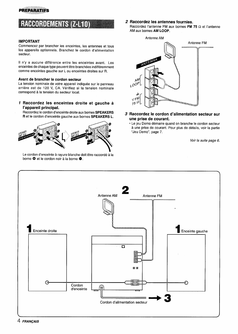 Important, Avant de brancher le cordon secteur, 2 raccordez les antennes fournies | Aiwa CX-ZL10 User Manual | Page 44 / 63