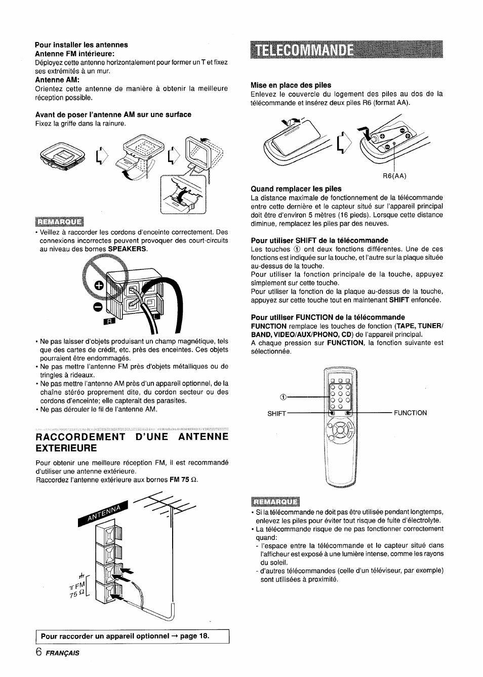 Pour installer les antennes antenne fm intérieure, Antenne am, Avant de poser l’antenne am sur une surface | Mise en place des piles, Quand remplacer les piles, Pour utiliser shift de la télécommande, Raccordement d’une antenne exterieure | Aiwa CX-ZL10 User Manual | Page 46 / 63