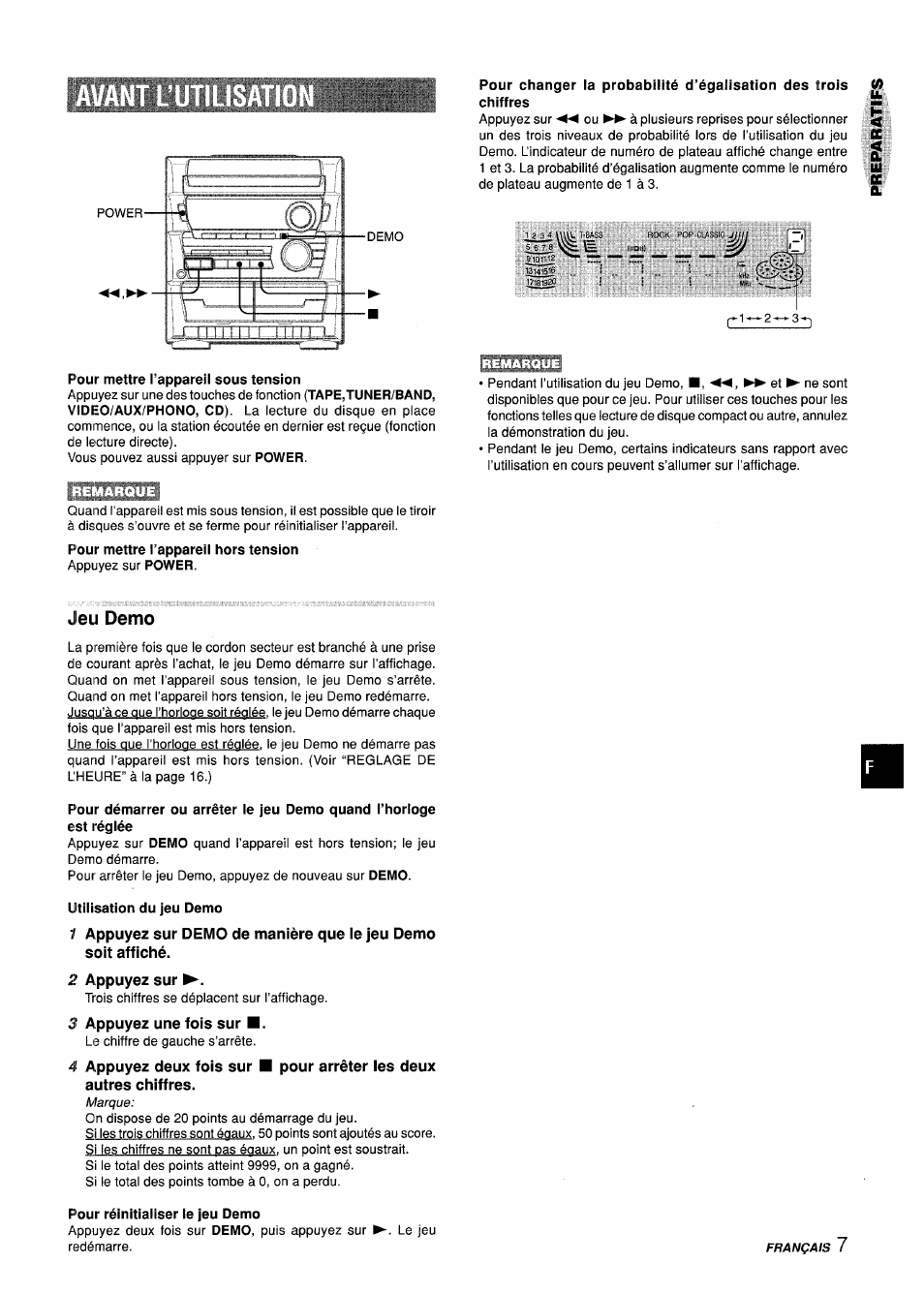 Utilisation du jeu demo, 2 appuyez sur, J appuyez une fois sur | Pour réinitialiser ie jeu demo, Jeu demo | Aiwa CX-ZL10 User Manual | Page 47 / 63