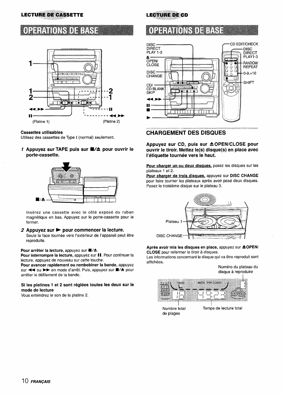 Cassettes utilisables, 2 appuyez sur ^ pour commencer ia iecture, Chargement des disques | Aiwa CX-ZL10 User Manual | Page 50 / 63