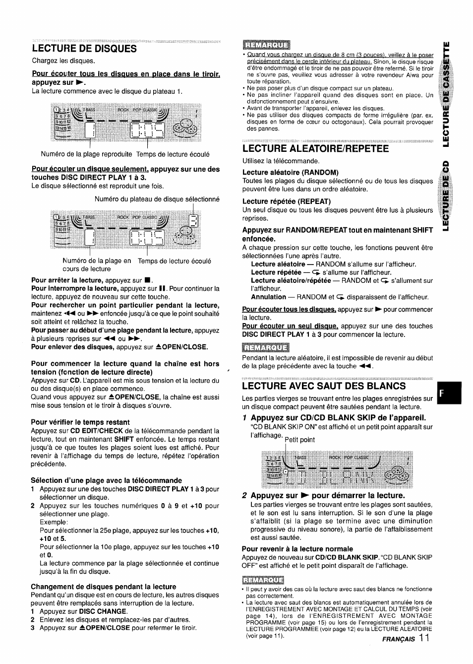 7 appuyez sur cd/cd blank skip de l’appareil, 2 appuyez sur ^ pour démarrer la lecture, Lecture de disques | Lecture aleatoire/repetee, Lecture avec saut des blancs | Aiwa CX-ZL10 User Manual | Page 51 / 63