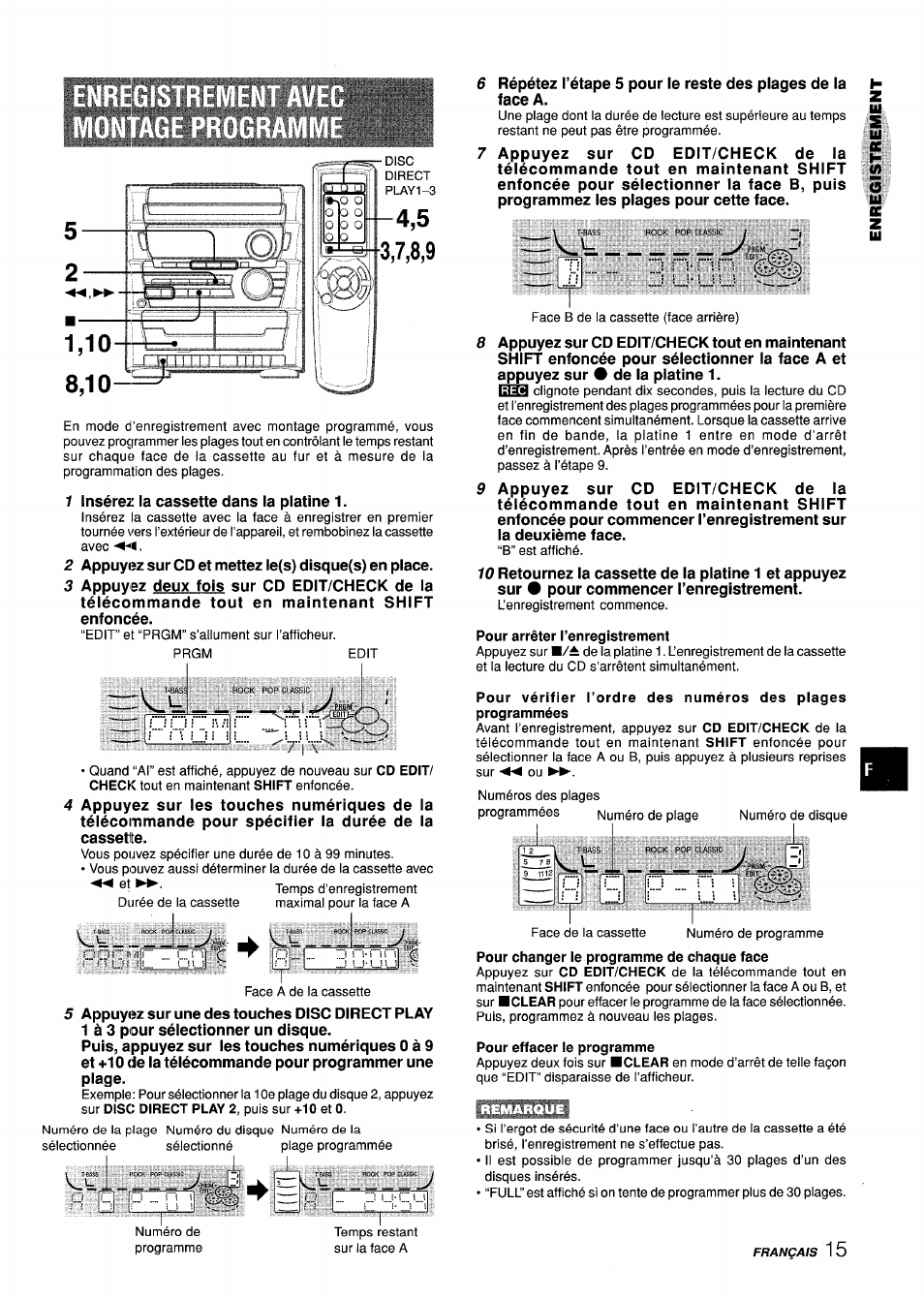 Pour arrêter l’enregistrement, Pour changer le programme de chaque face, Pour effacer le programme | Aiwa CX-ZL10 User Manual | Page 55 / 63