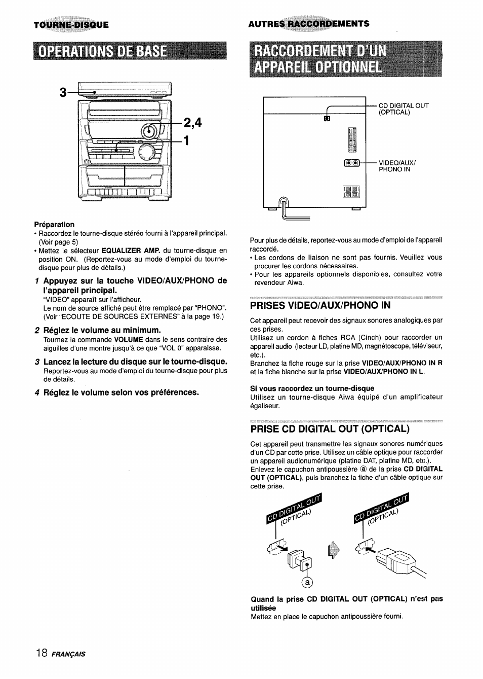 Operations de bas, 2 réglez le volume au minimum, 3 lancez ia lecture du disque sur le tourne-disque | 4 réglez le volume selon vos préférences, Prises video/aux/phono in, Prise cd digital out (optical), Operations de base | Aiwa CX-ZL10 User Manual | Page 58 / 63
