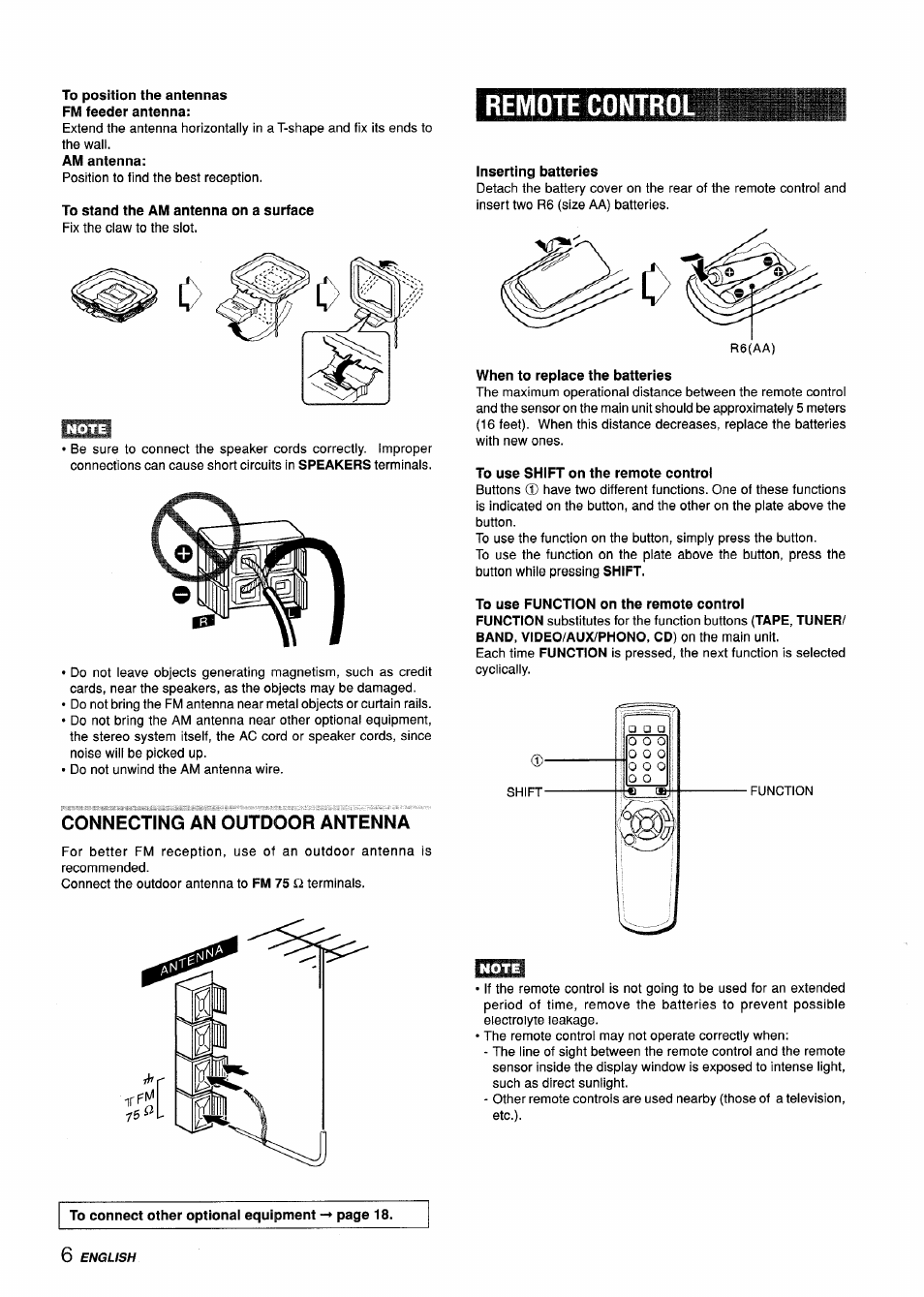 To position the antennas fm feeder antenna, To stand the am antenna on a surface, Remote control | Connecting an outdoor antenna, Inserting batteries, To use shift on the remote control, To use function on the remote control | Aiwa CX-ZL10 User Manual | Page 6 / 63