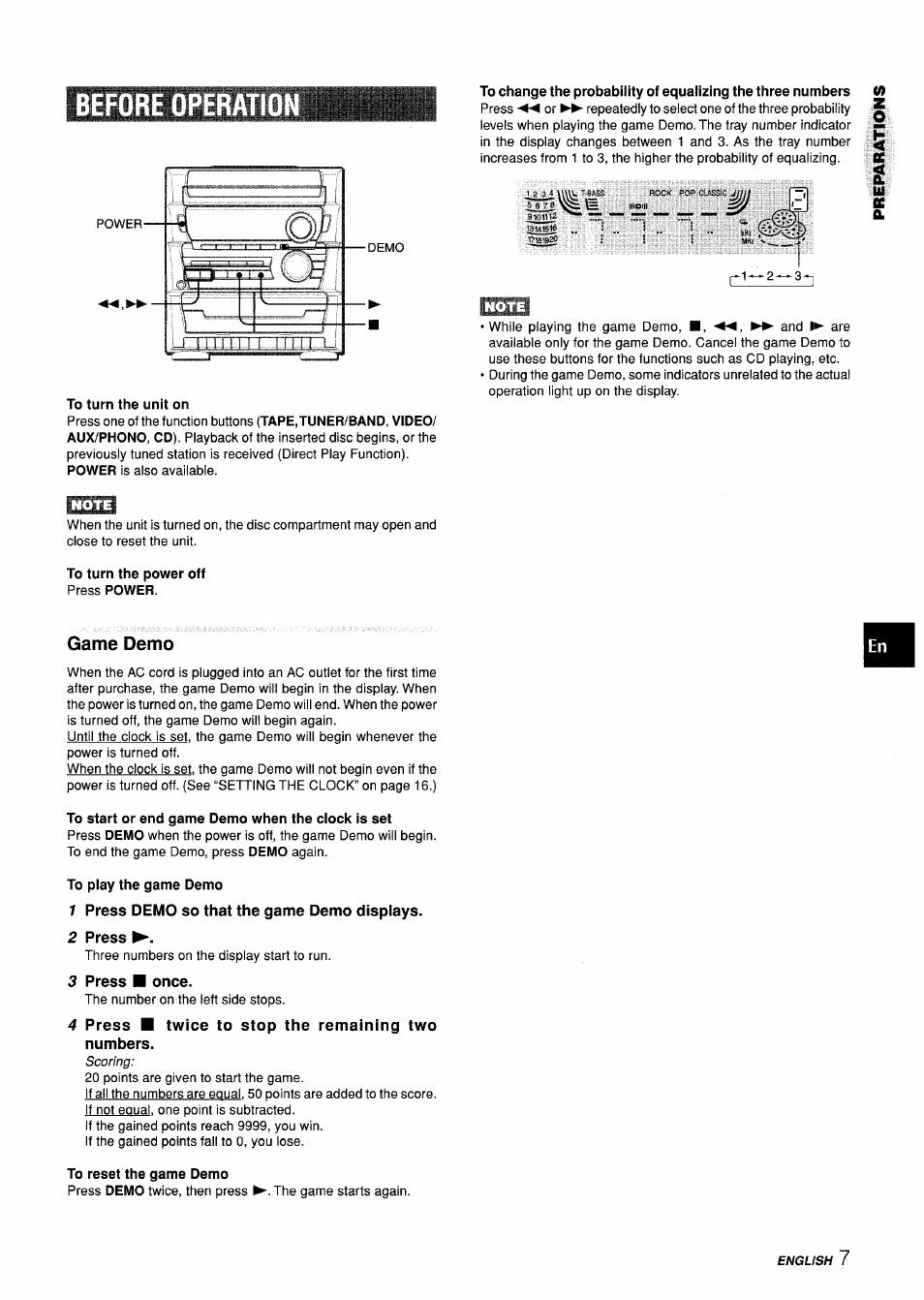 Before operation, To turn the unit on, To turn the power off press power | Game demo, To play the game demo, 1 press demo so that the game demo displays, 2 press, 3 press ■ once, 4 press ■ twice to stop the remaining two numbers, To reset the game demo | Aiwa CX-ZL10 User Manual | Page 7 / 63