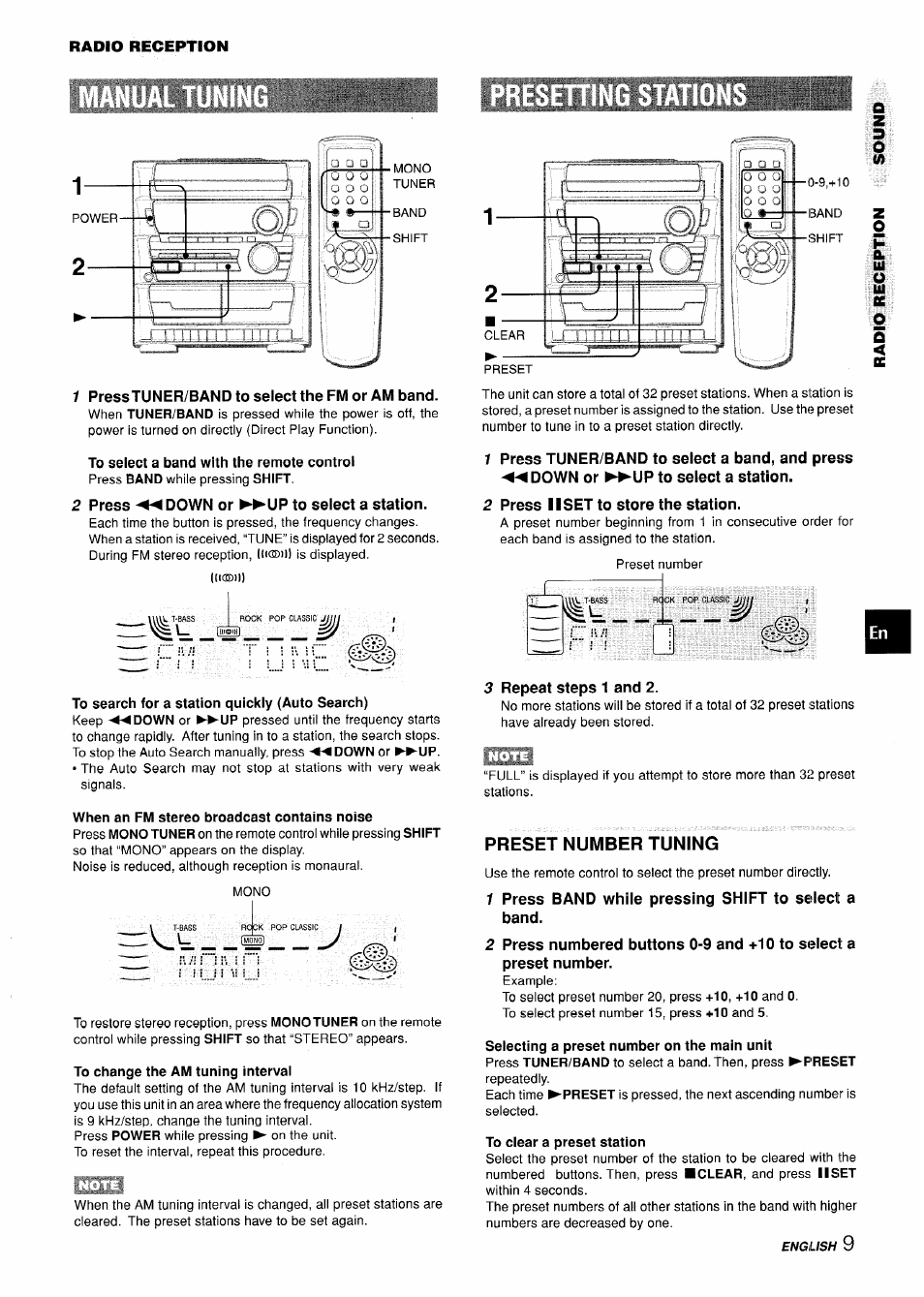 2 press ◄◄ down or ►►up to select a station, To search for a station quickly (auto search), When an fm stereo broadcast contains noise | To change the am tuning interval, 2 press 11 set to store the station, 3 repeat steps 1 and 2, 1 press band while pressing shift to seiect a band, Selecting a preset number on the main unit, To clear a preset station, Preset number tuning | Aiwa CX-ZL10 User Manual | Page 9 / 63