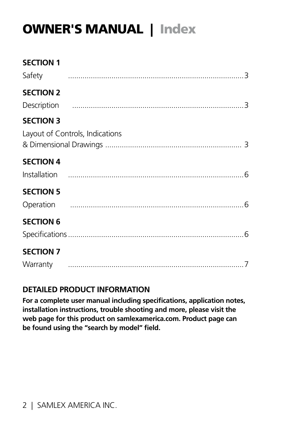 Owner's manual | index | Samlex America RC-200 User Manual | Page 2 / 8