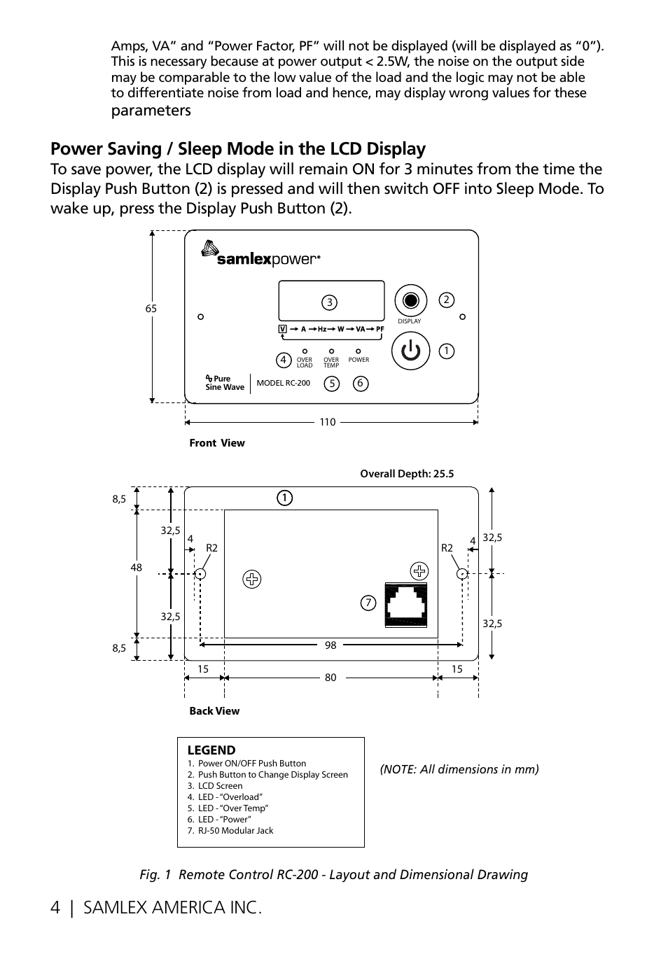 4 | samlex america inc, Power saving / sleep mode in the lcd display, Parameters | Samlex America RC-200 User Manual | Page 4 / 8
