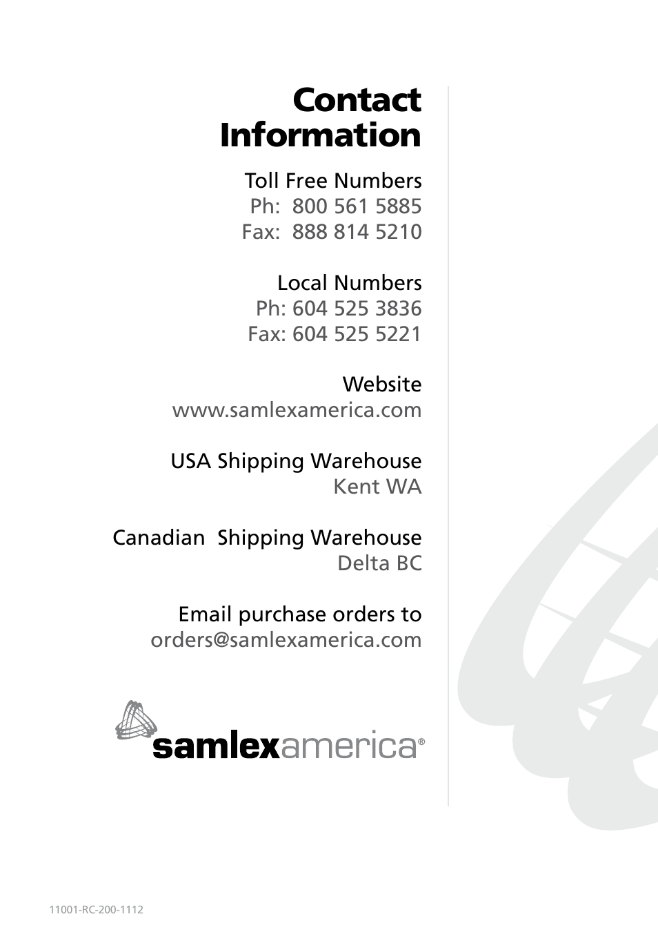 Contact information | Samlex America RC-200 User Manual | Page 8 / 8