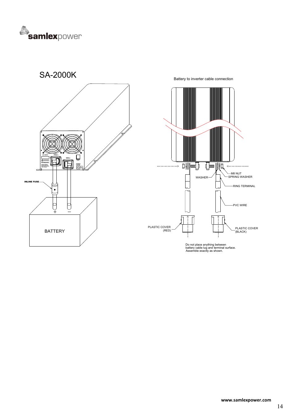 1000-0193_a4-16, Sa-2000k, Battery | Battery to inverter cable connection | Samlex America SA-2000K User Manual | Page 16 / 21