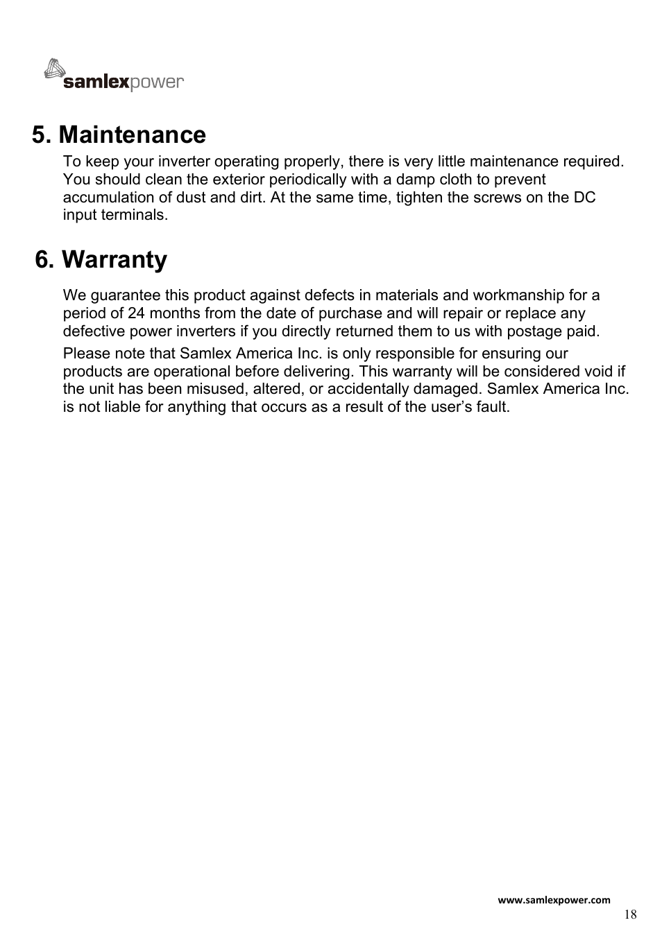 1000-0193_a4-20, Maintenance, Warranty | Samlex America SA-2000K User Manual | Page 20 / 21