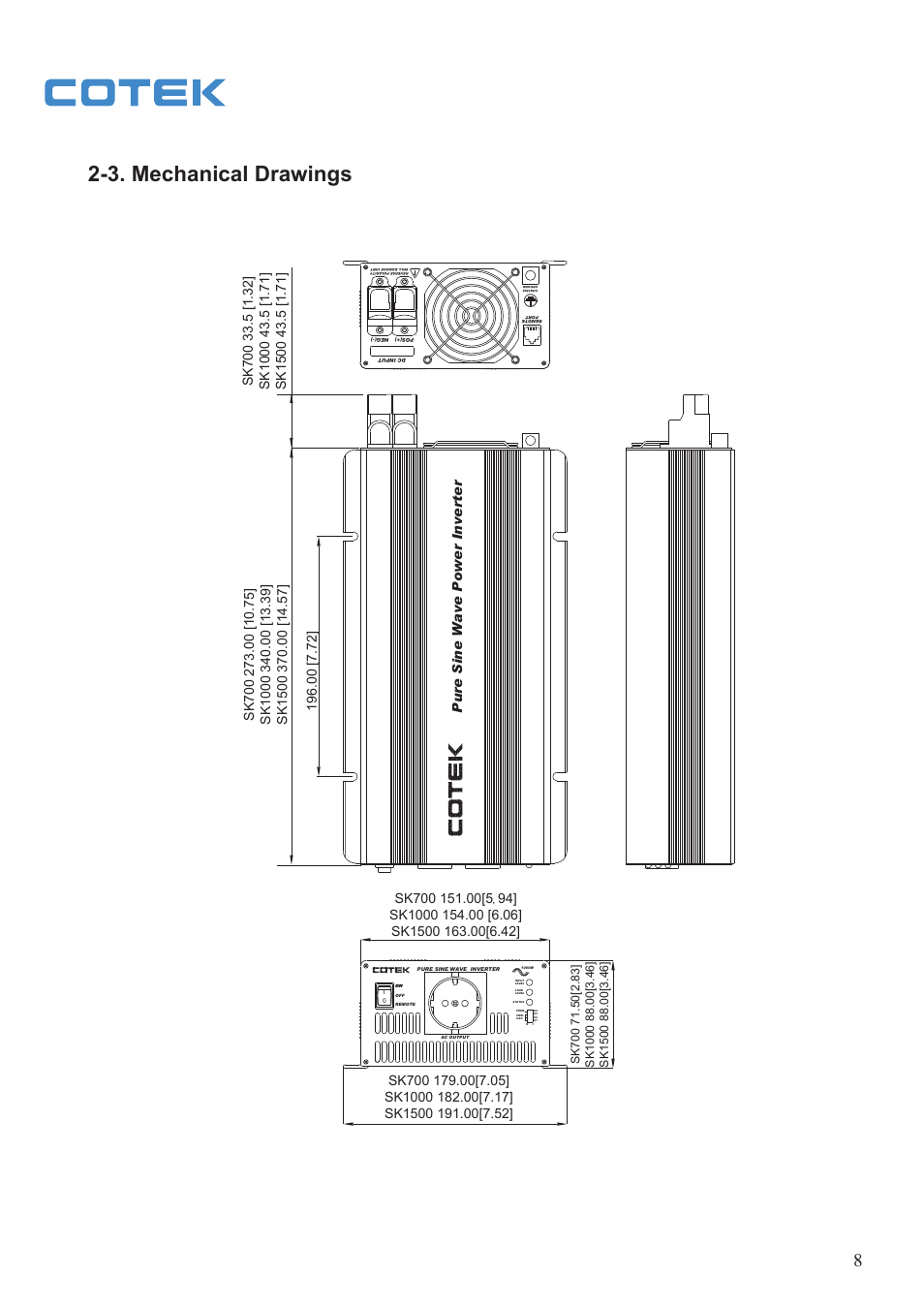 3. mechanical drawings, Pure sine w ave power inverter | Samlex America SK User Manual | Page 10 / 26