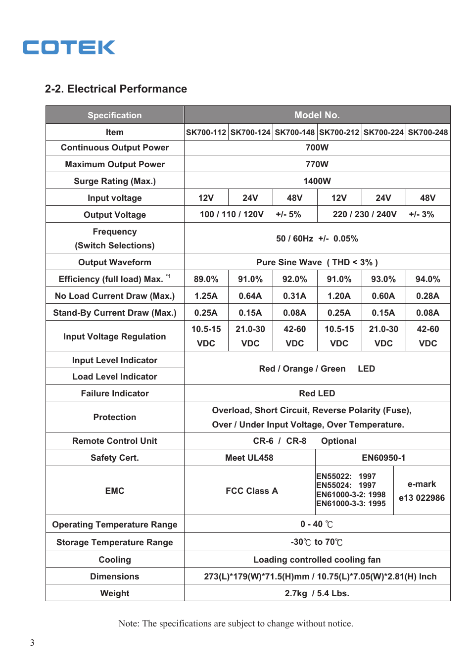 2. electrical performance | Samlex America SK User Manual | Page 5 / 26