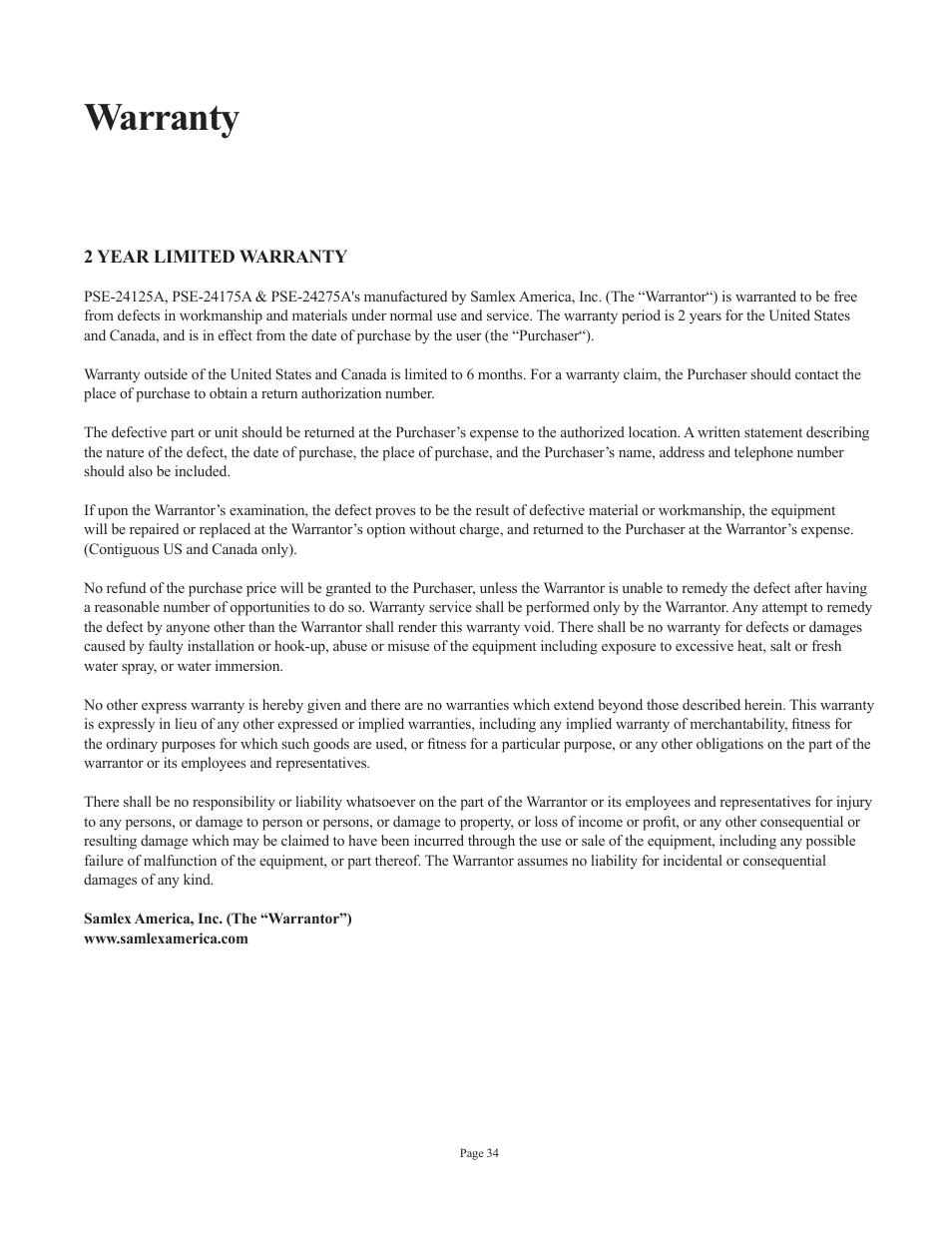 Warranty | Samlex America PSE-24275A User Manual | Page 35 / 36