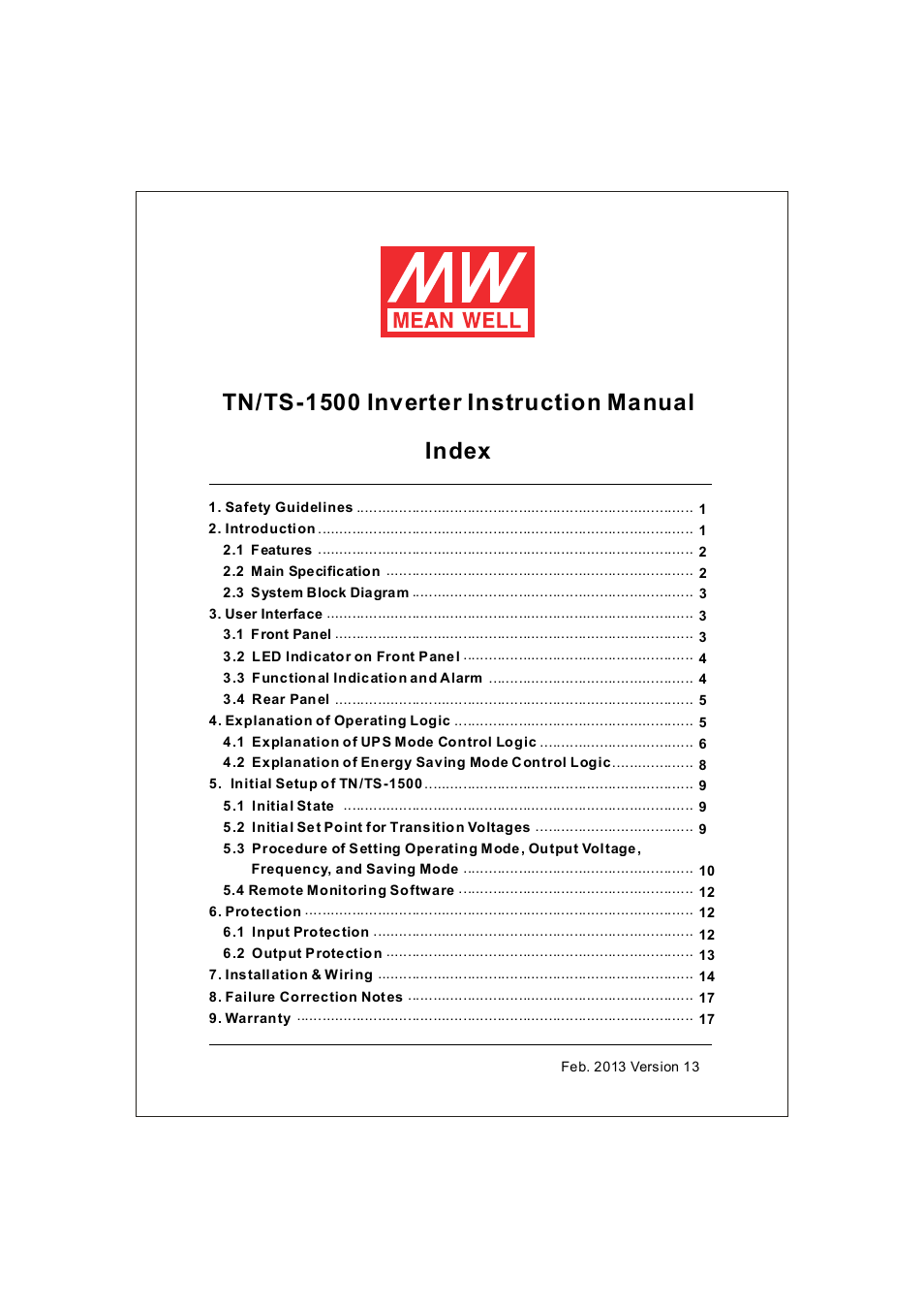 Index tn/ts-1500 instruction manual inverter | Samlex America TS-1500 User Manual | Page 2 / 20