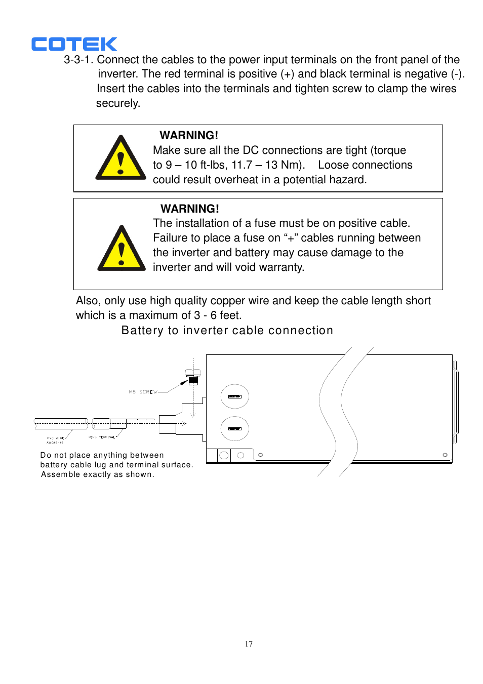 B attery to inverter cable connection | Samlex America ST1500-148 User Manual | Page 18 / 40