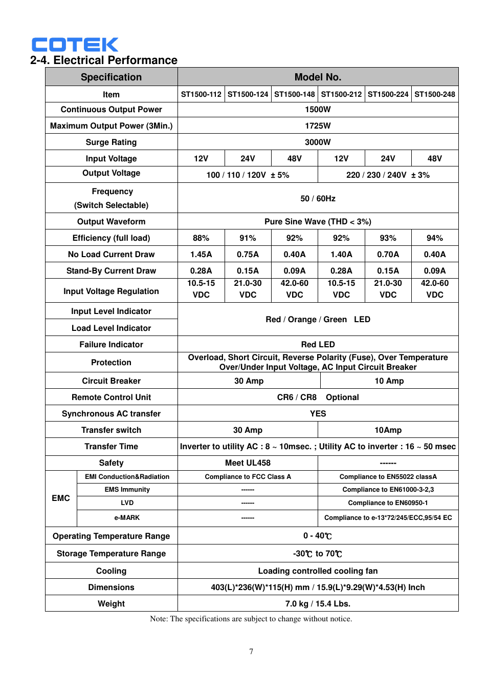 4. electrical performance, Specification model no | Samlex America ST1500-148 User Manual | Page 8 / 40