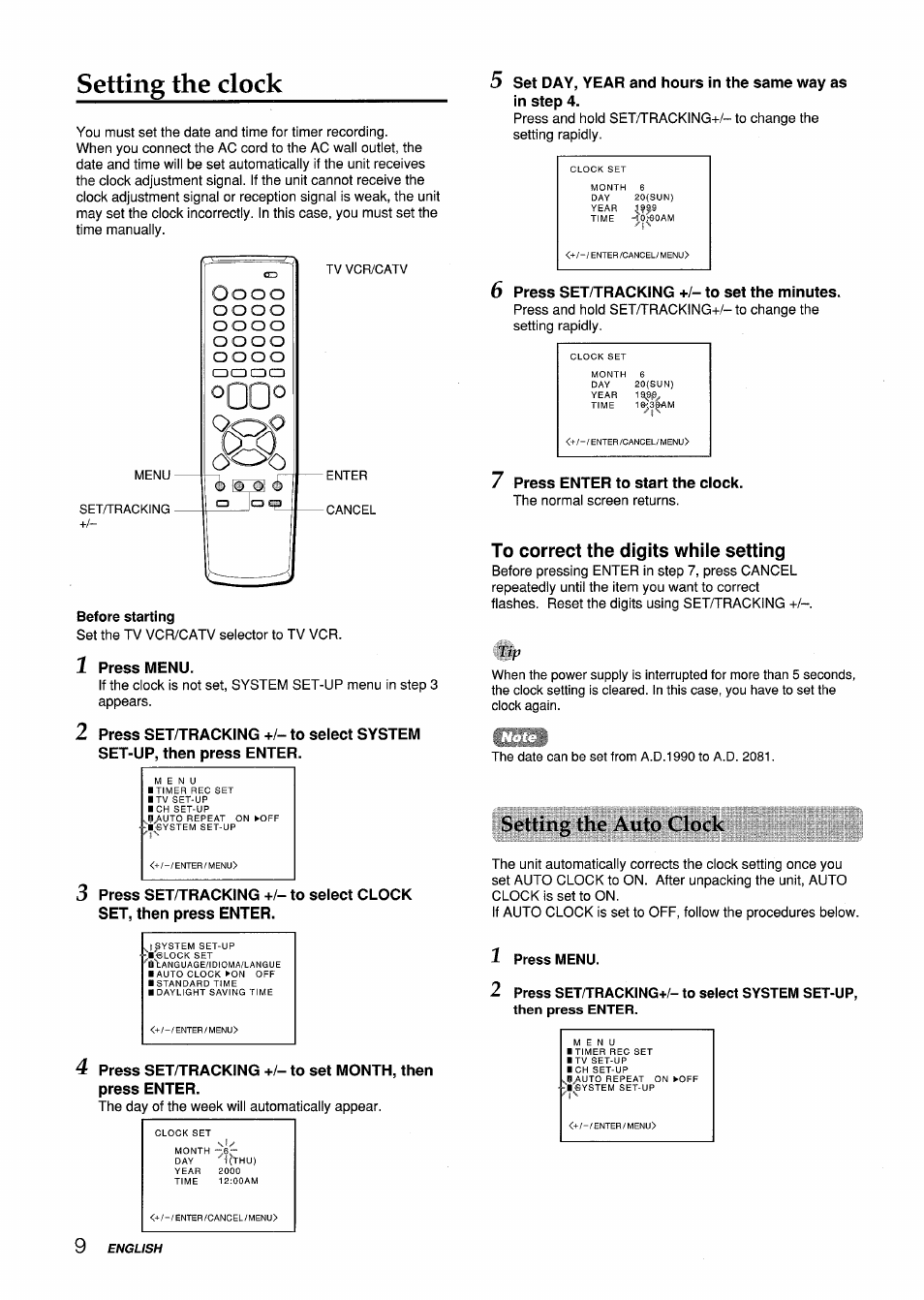 Before starting, 1 press menu, 6 press set/tracking +/- to set the minutes | 7 press enter to start the clock, To correct the digits whiie setting, Selling the auto clock, Press menu, Setting the clock | Aiwa VX-S135U User Manual | Page 10 / 110