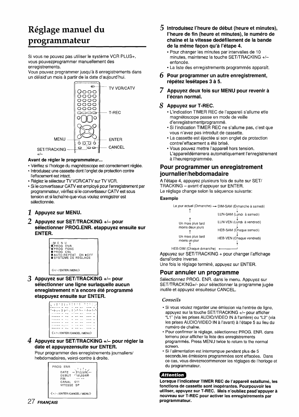 Réglage manuel du programmateur, Avant de régler le programmateur, Pour annuler un programme | Onno | Aiwa VX-S135U User Manual | Page 100 / 110