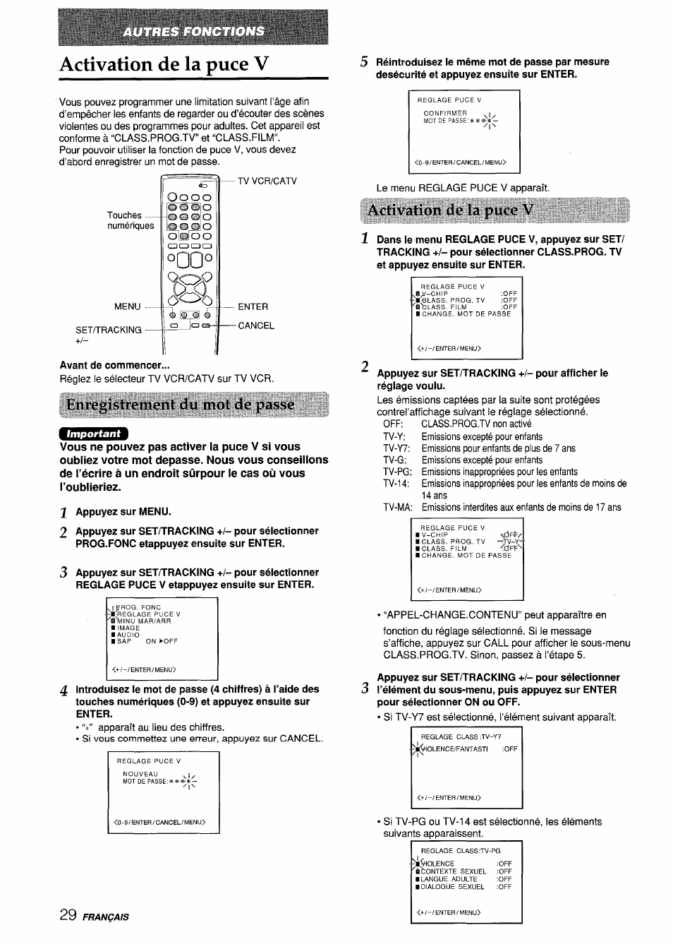 Avant de commencer, Hnioi^istrenilmil du mol de pdsse, X appuyez sur menu | Activcition de in puce v, Activation de la puce v | Aiwa VX-S135U User Manual | Page 102 / 110