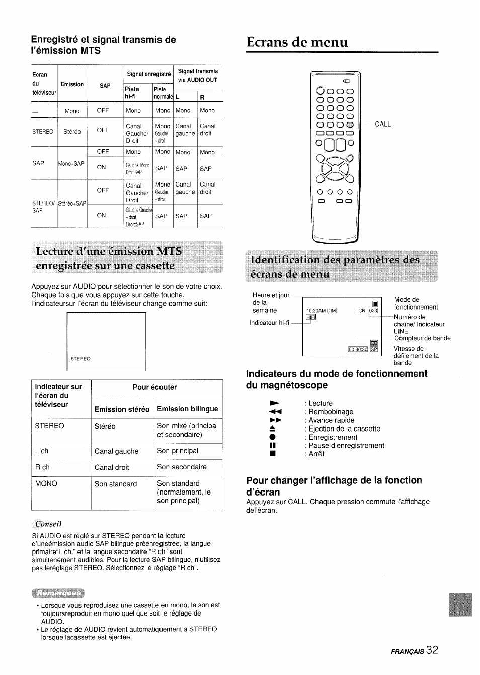 Ecrans de menu, Ü o o o, Identification des paramètres des écrans de menu | Enregistré et signal transmis de rémission mts, Pour changer l’affichage de la fonction d’écran | Aiwa VX-S135U User Manual | Page 105 / 110