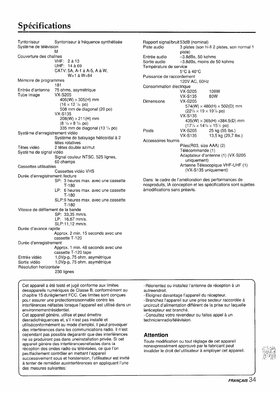 Spécifications, Attention | Aiwa VX-S135U User Manual | Page 107 / 110