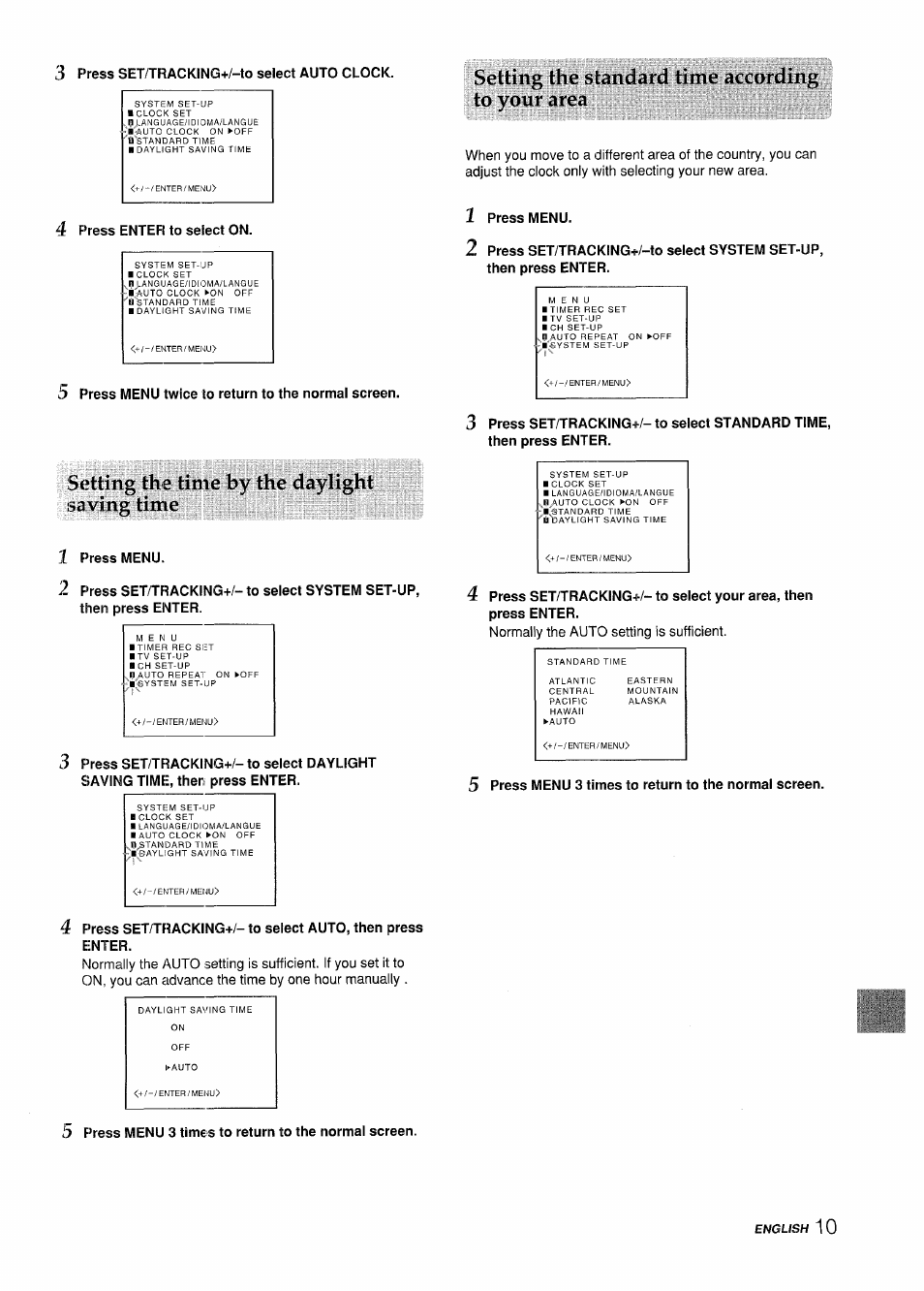 Setting the time by the daylight saving time, Setting the standard time according to your area | Aiwa VX-S135U User Manual | Page 11 / 110