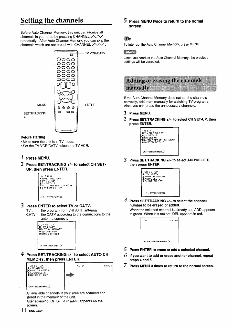 1 press menu, Press enter to select tv or catv, 5 press menu twice to return to the nomal screen | Adding or erasing the channels manually, 5 press enter to erase or add a selected channel, Setting the channels | Aiwa VX-S135U User Manual | Page 12 / 110