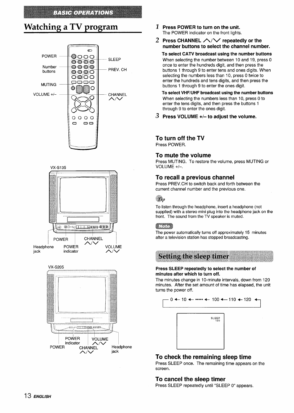 Press power to turn on the unit, Press volume +/- to adjust the volume, To turn off the tv | To mute the volume, To recall a previous channel, Sellini» ihe sleep limer, To check the remaining sleep time, To cancei the sleep timer, Watching a tv program | Aiwa VX-S135U User Manual | Page 14 / 110