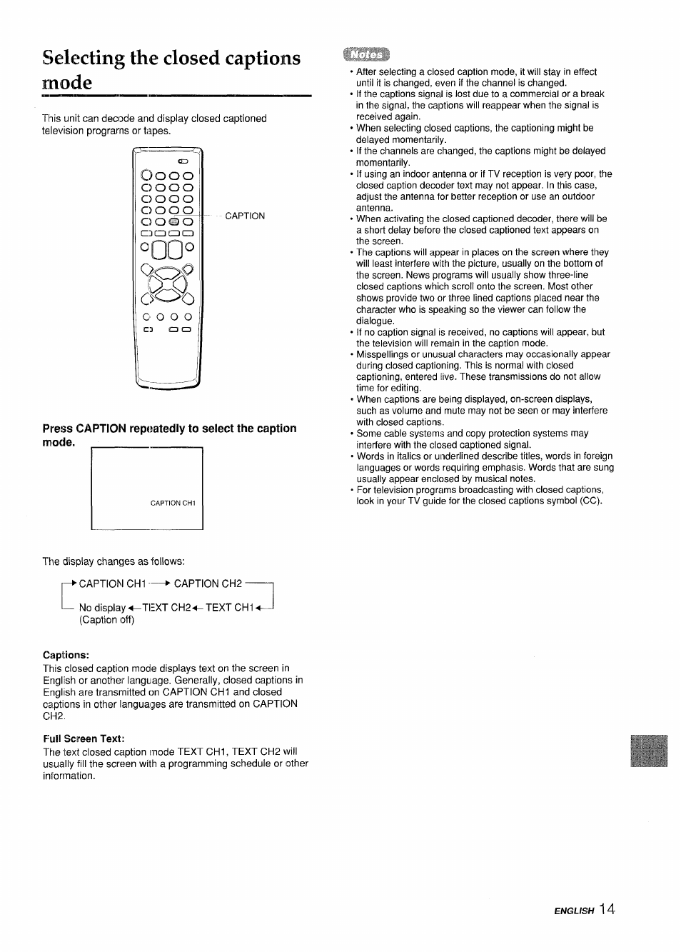 Selecting the closed captions, Mode, Selecting the closed captions mode | Aiwa VX-S135U User Manual | Page 15 / 110