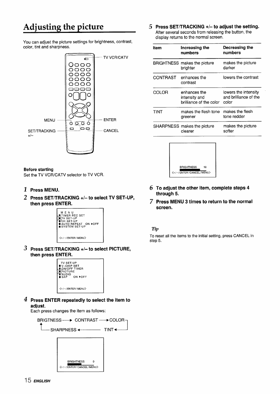 Before starting, 5 press set/tracking +/- to adjust the setting, 1 press menu | 2 press set/tracking +/- to select tv set-up, Adjusting the picture | Aiwa VX-S135U User Manual | Page 16 / 110