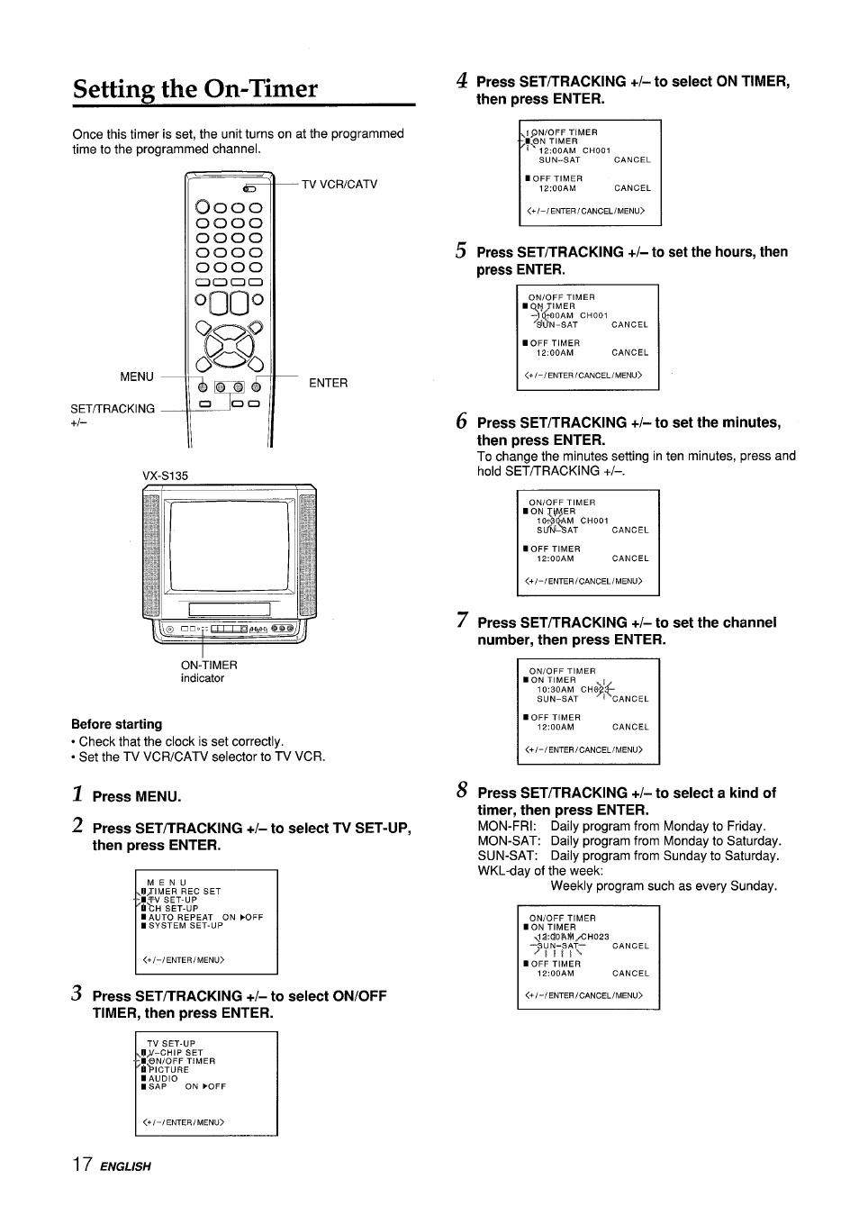 Before starting, Setting the on-timer | Aiwa VX-S135U User Manual | Page 18 / 110