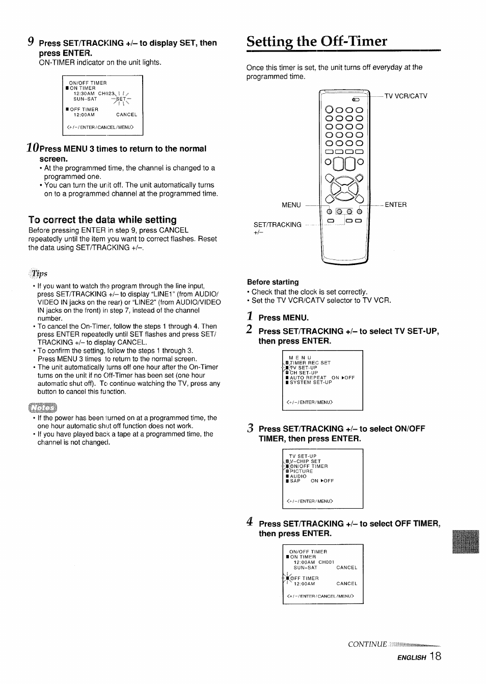 To correct the data while setting, Setting the off-timer | Aiwa VX-S135U User Manual | Page 19 / 110